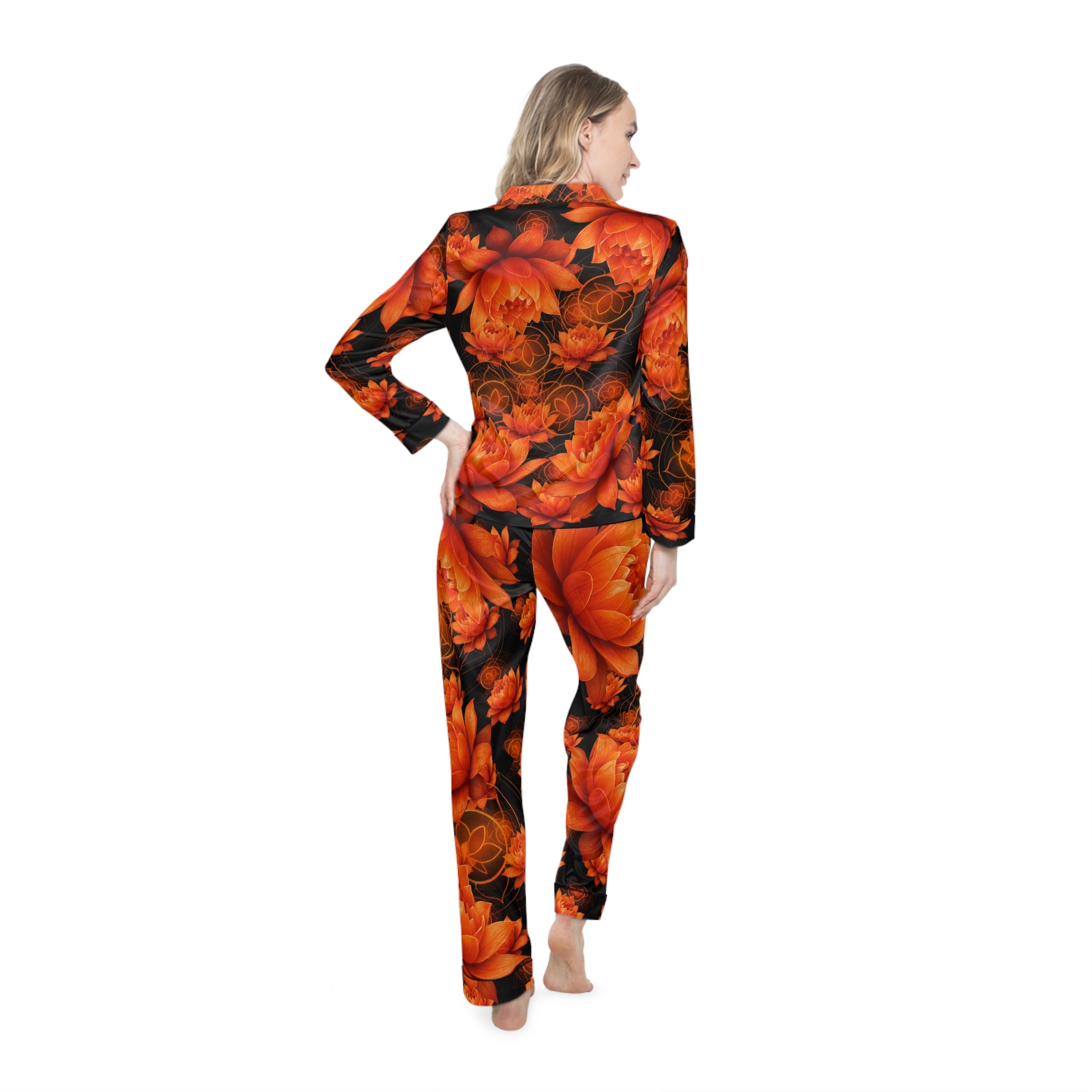 Orange Sacral Chakra Floral Satin Pajamas Set - Luxurious Women's Sleepwear
