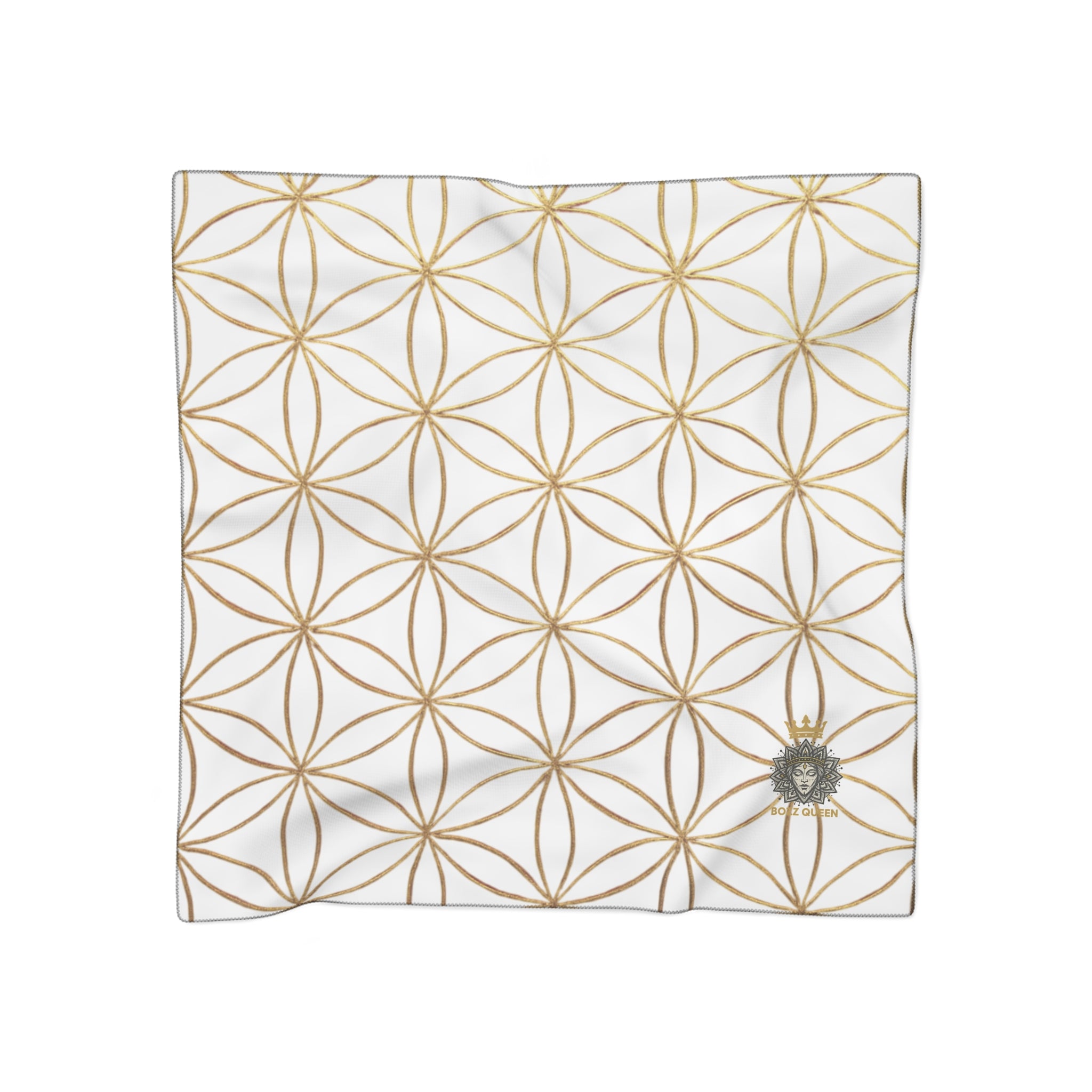 Bozz Queen Flower of Life Scarf - White & Gold Elegant Lightweight Poly Scarf