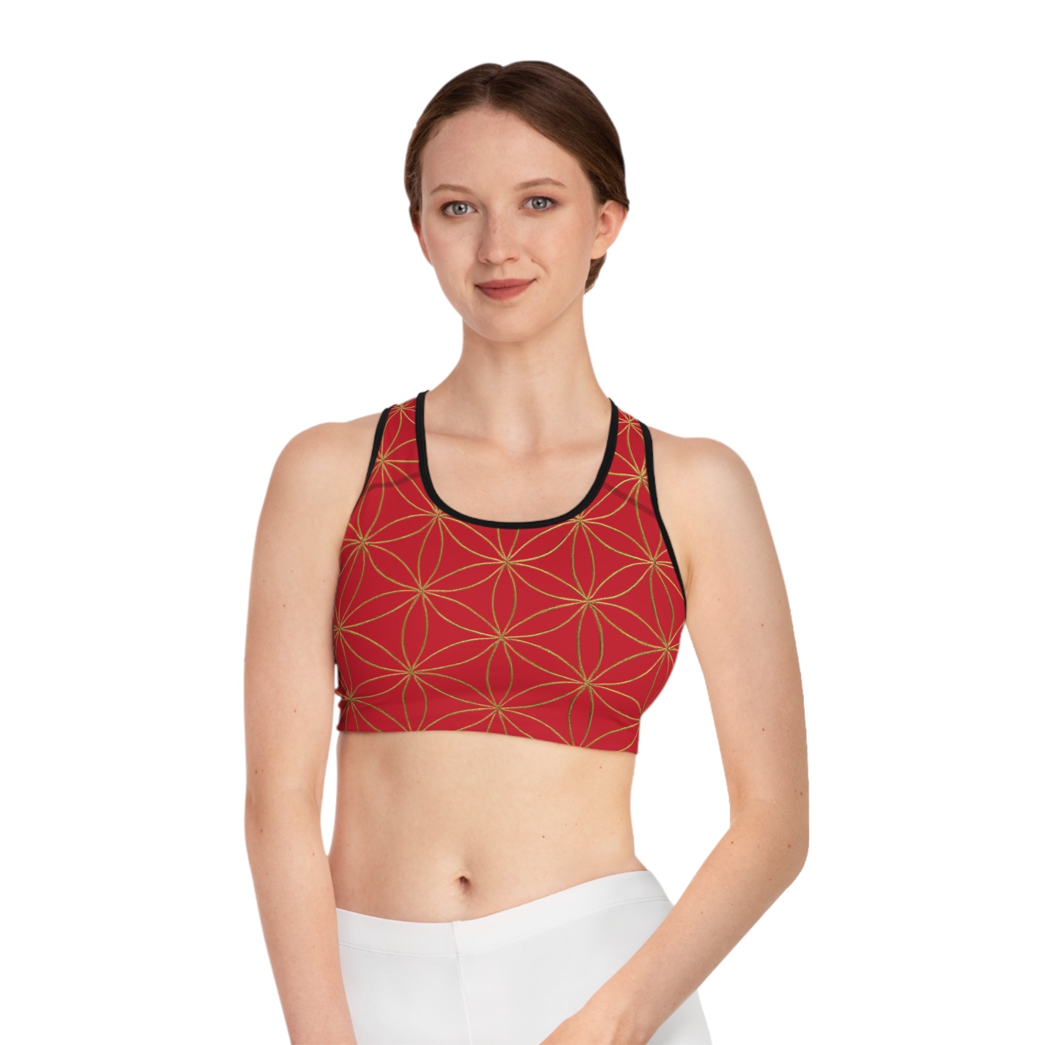 Bozz Queen Dark Red & Gold Flower of Life Sports Bra - Yoga Workout Top