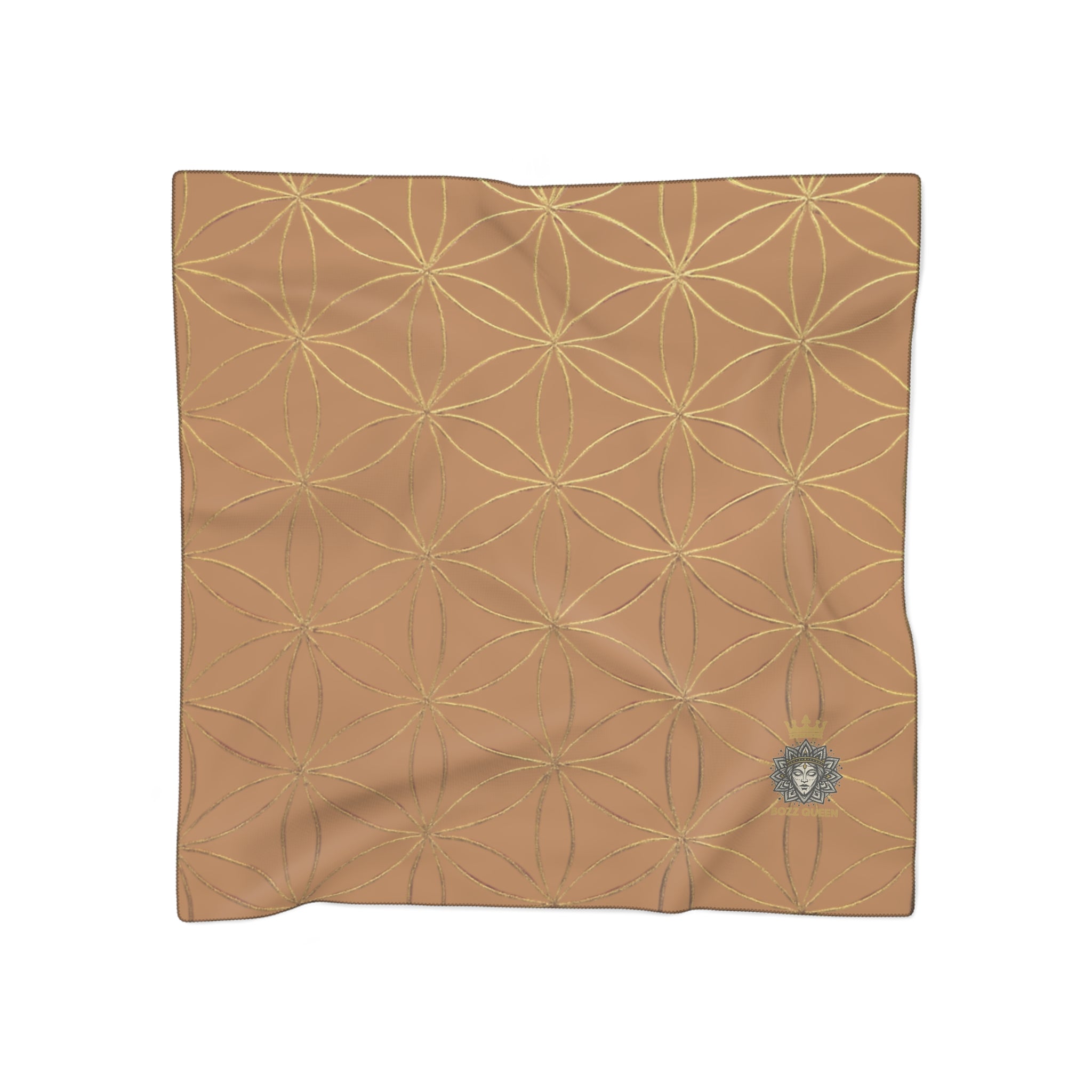 Bozz Queen Flower of Life Scarf - Light Brown & Gold Elegant Lightweight Poly Scarf