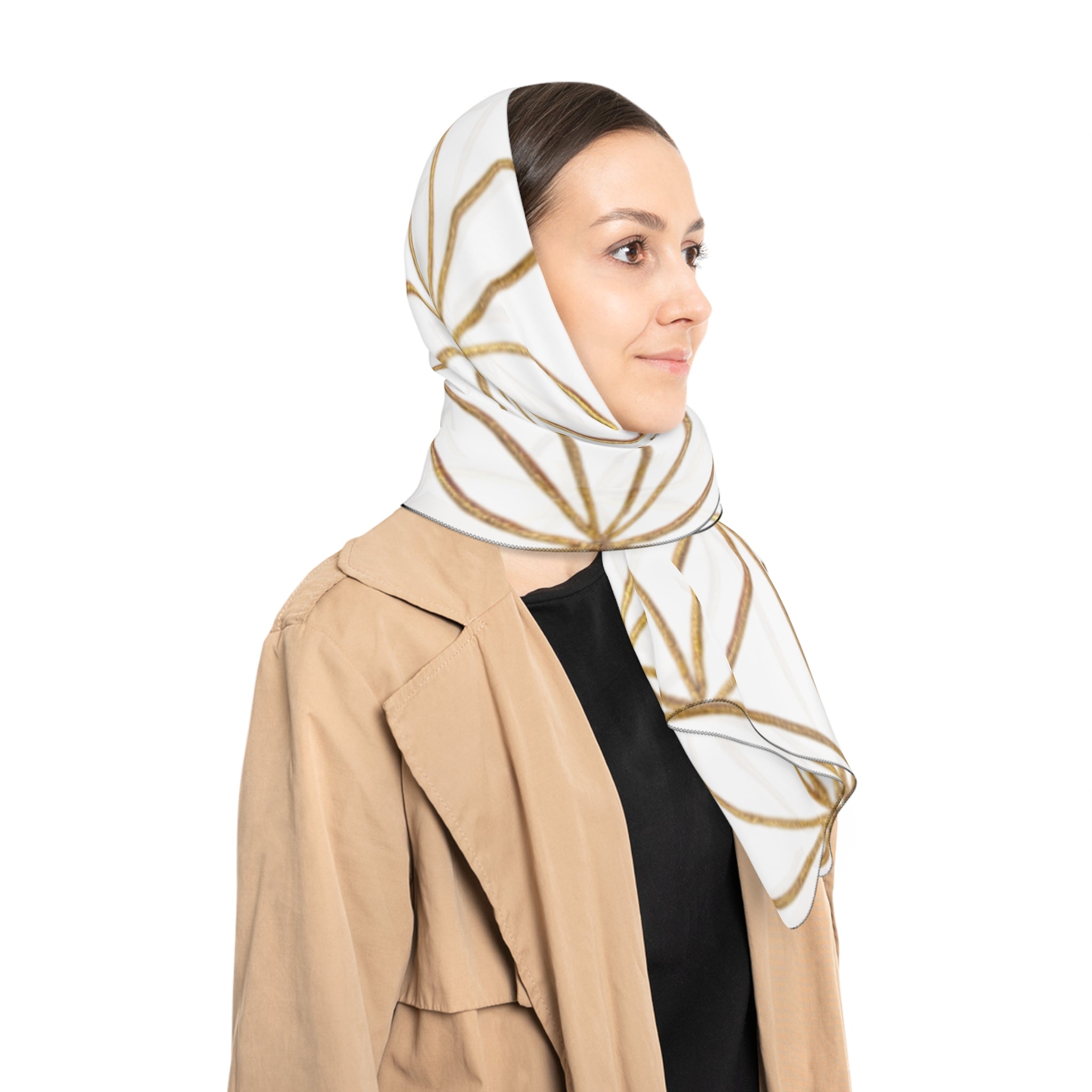 Bozz Queen Flower of Life Scarf - White & Gold Elegant Lightweight Poly Scarf