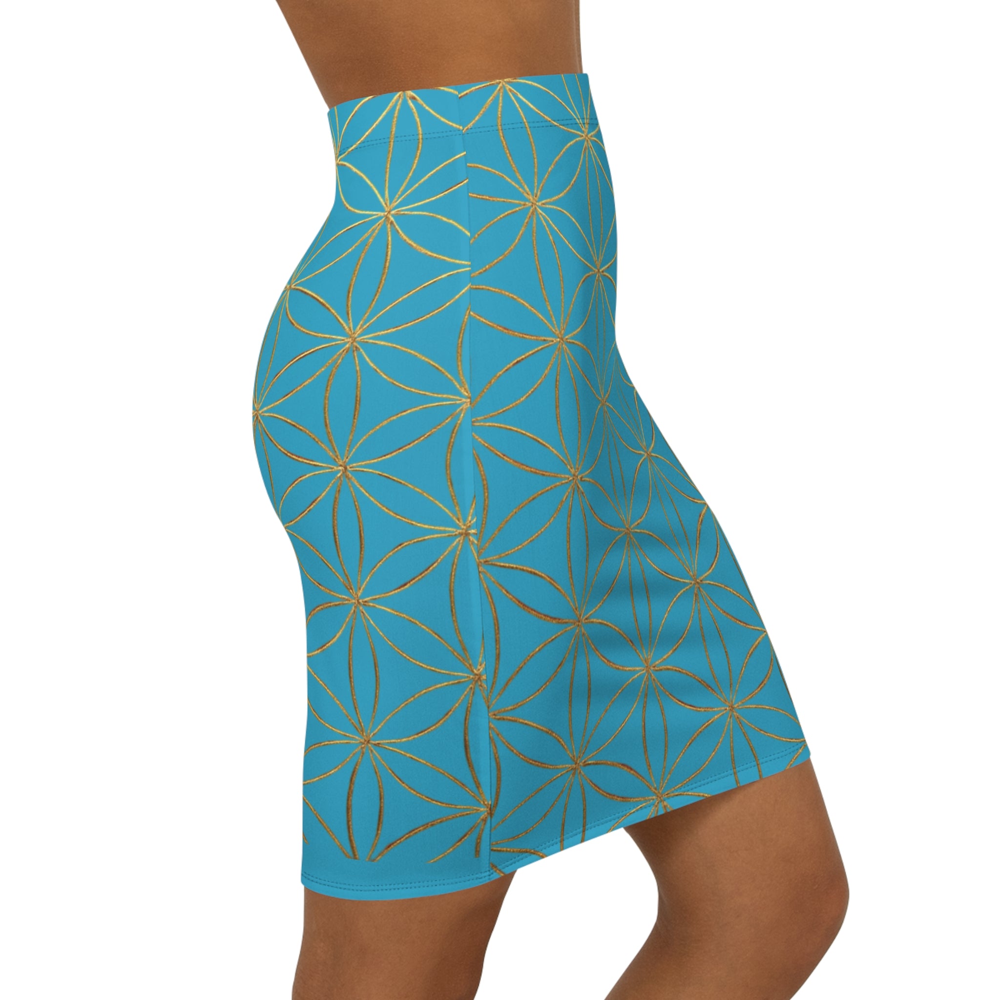 Turquoise Flower of Life Pencil Skirt - Women's Chic Office & Date Night Skirt