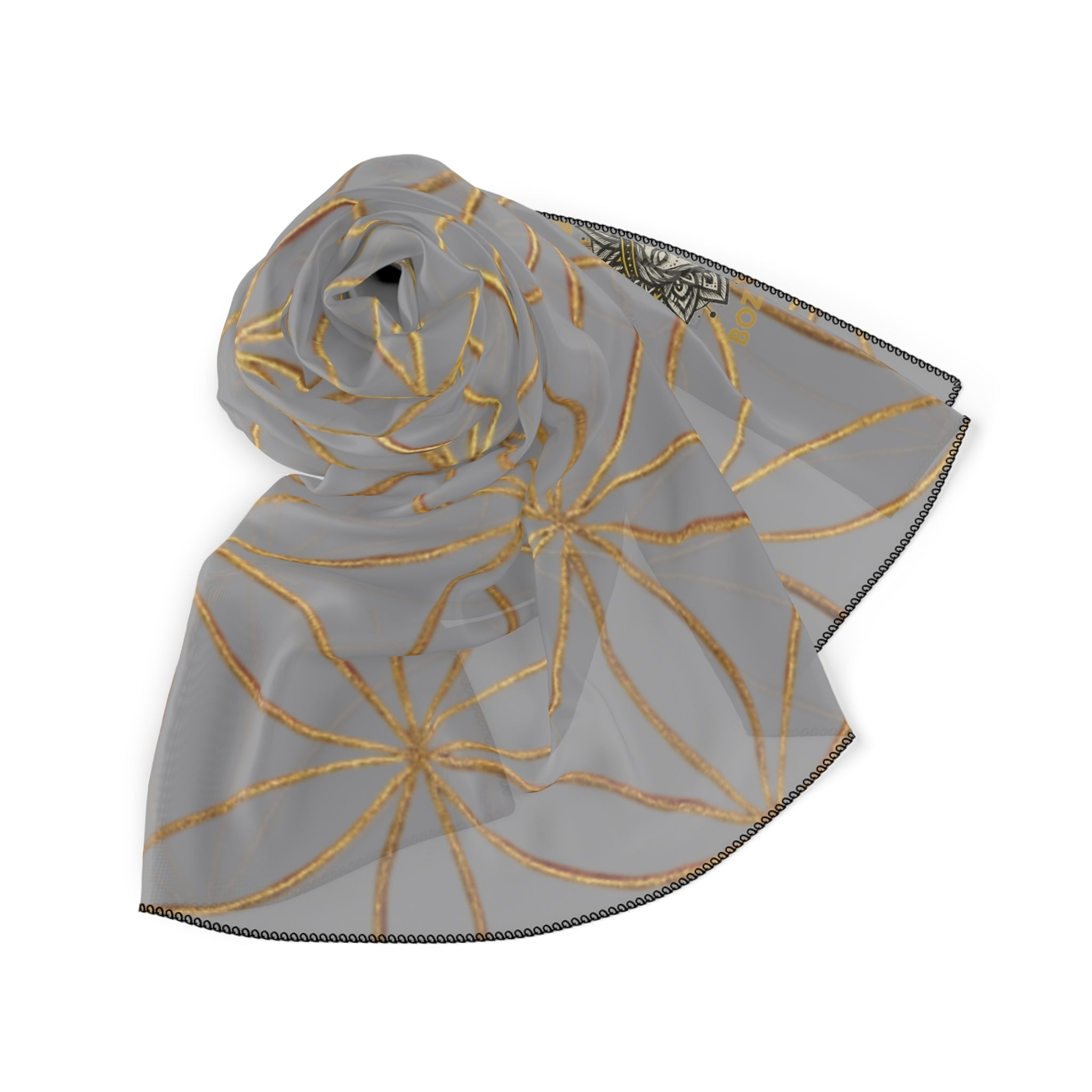 Bozz Queen Flower of Life Scarf - Grey & Gold Elegant Lightweight Poly Scarf