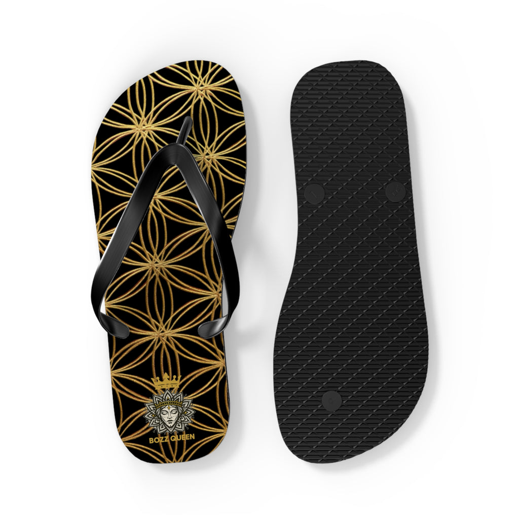 Bozz Queen Black & Gold Flower of Life Flip Flops - Elegant Beach Sandals