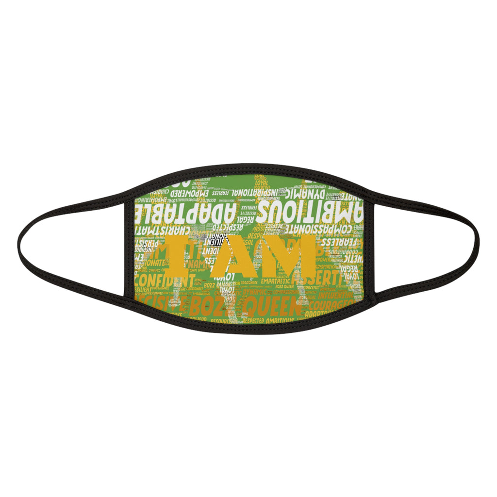 Green I AM Series Light Brown Empowering Mixed-Fabric Face Mask, Inspirational Quotes Mask, Affirmation Face Cover, Motivational Fashion Accessory, Self-Confidence Mask