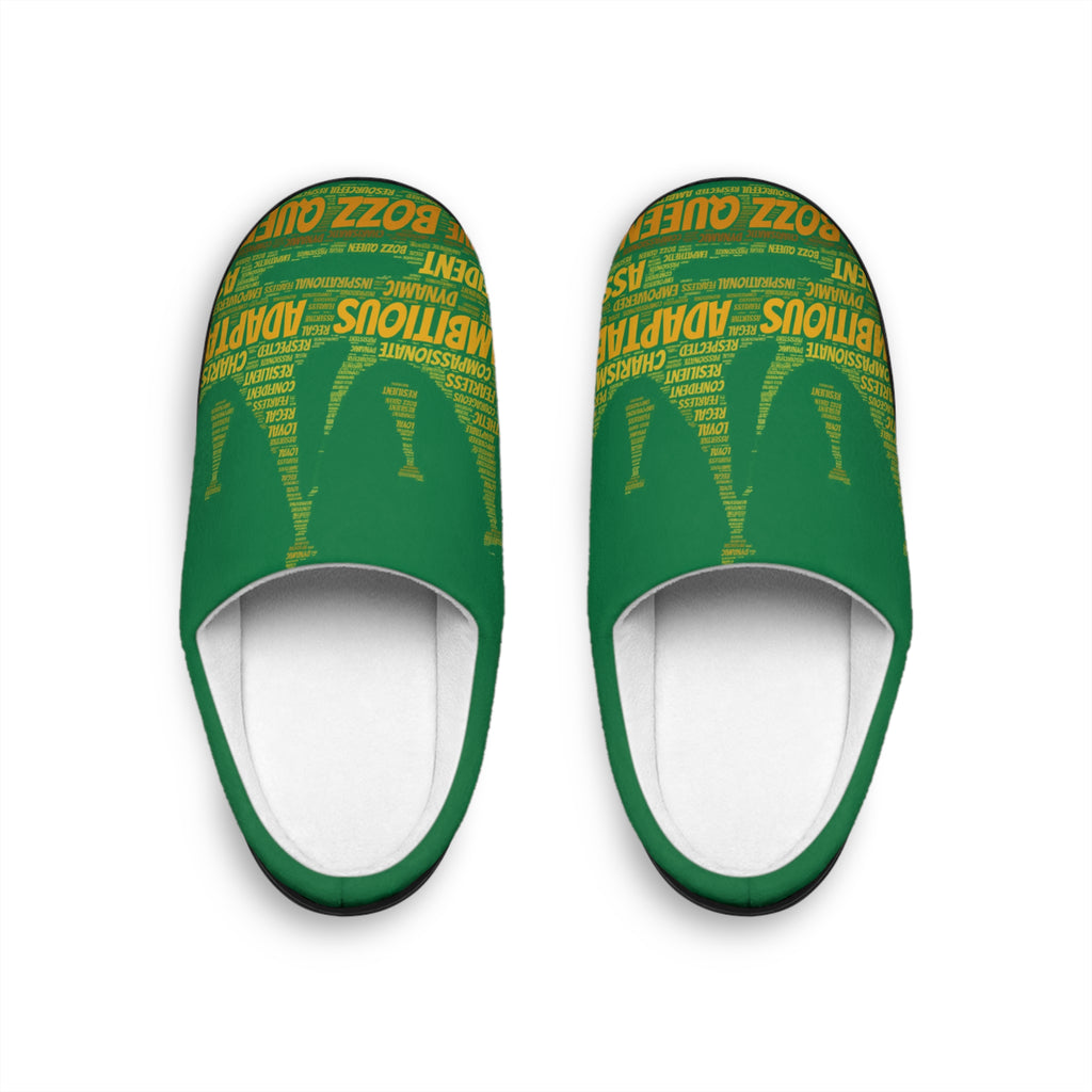 Bozz Queen Dark Green & Gold Women's Indoor Slippers - Soft Flannel House Shoes