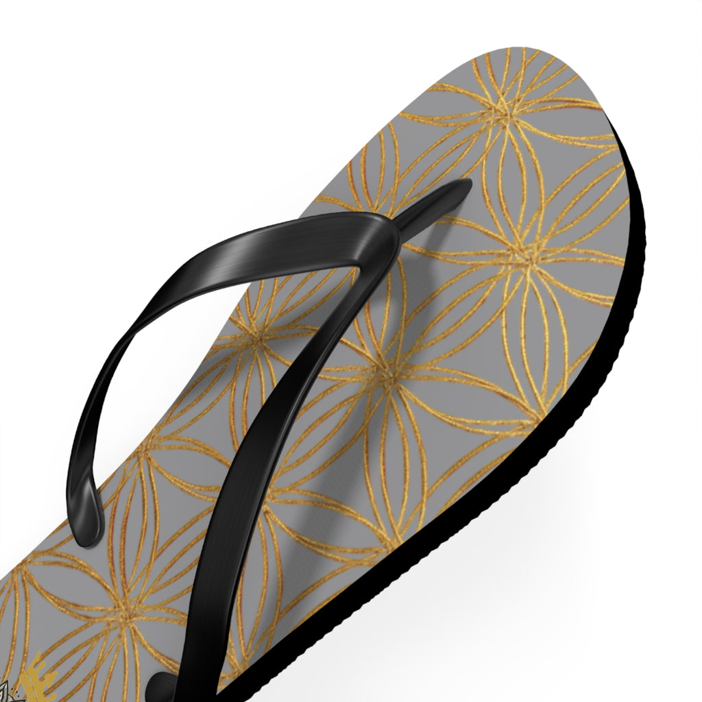 Bozz Queen Grey & Gold Flower of Life Flip Flops - Elegant Beach Sandals