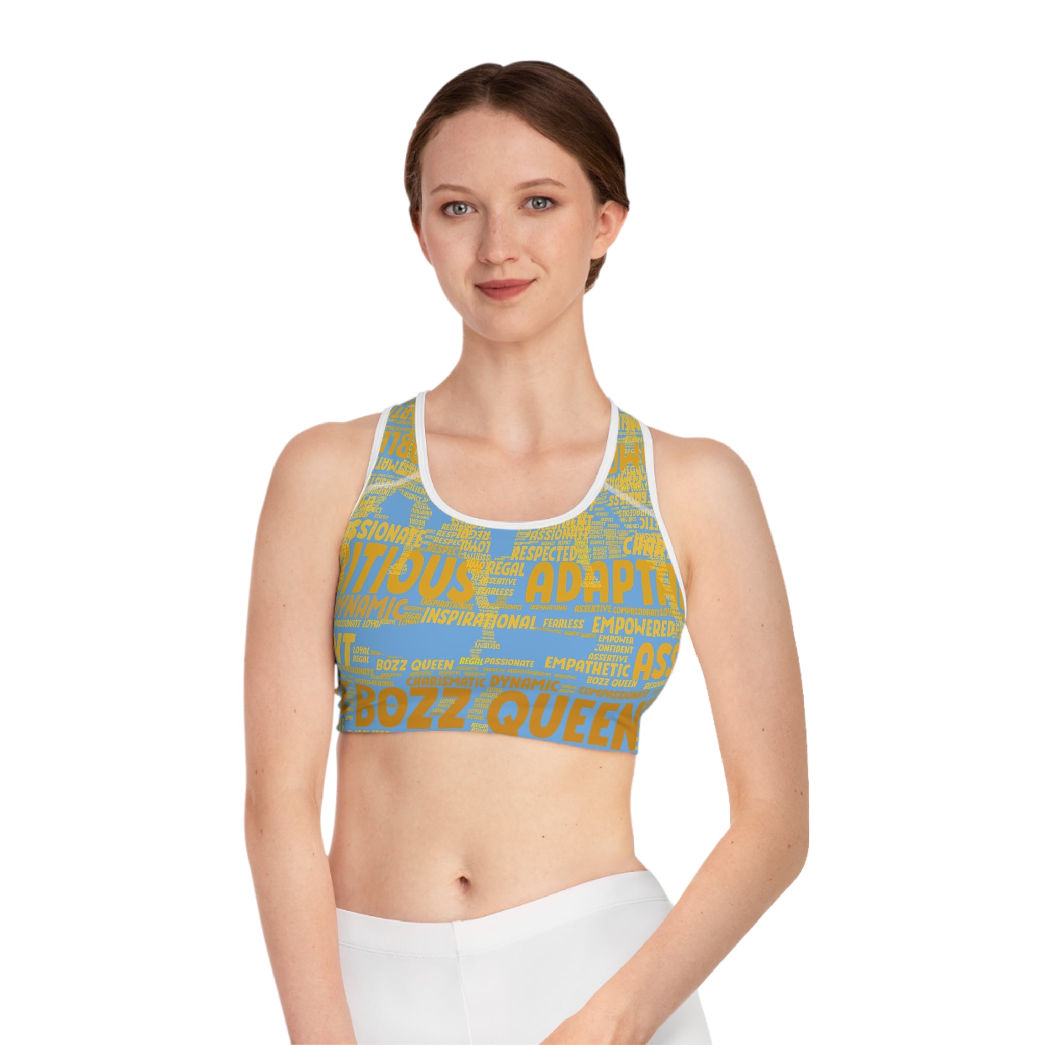 Empowered Words Sports Bra - Bozz Queen Origin Collection | Light Blue & Yellow
