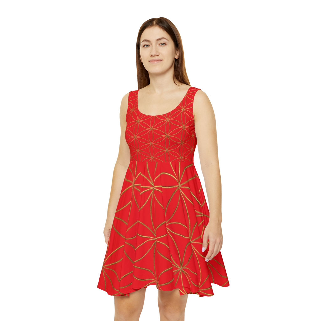 Red Flower of Life Skater Dress - Women's Floral Gold Print Summer Dress