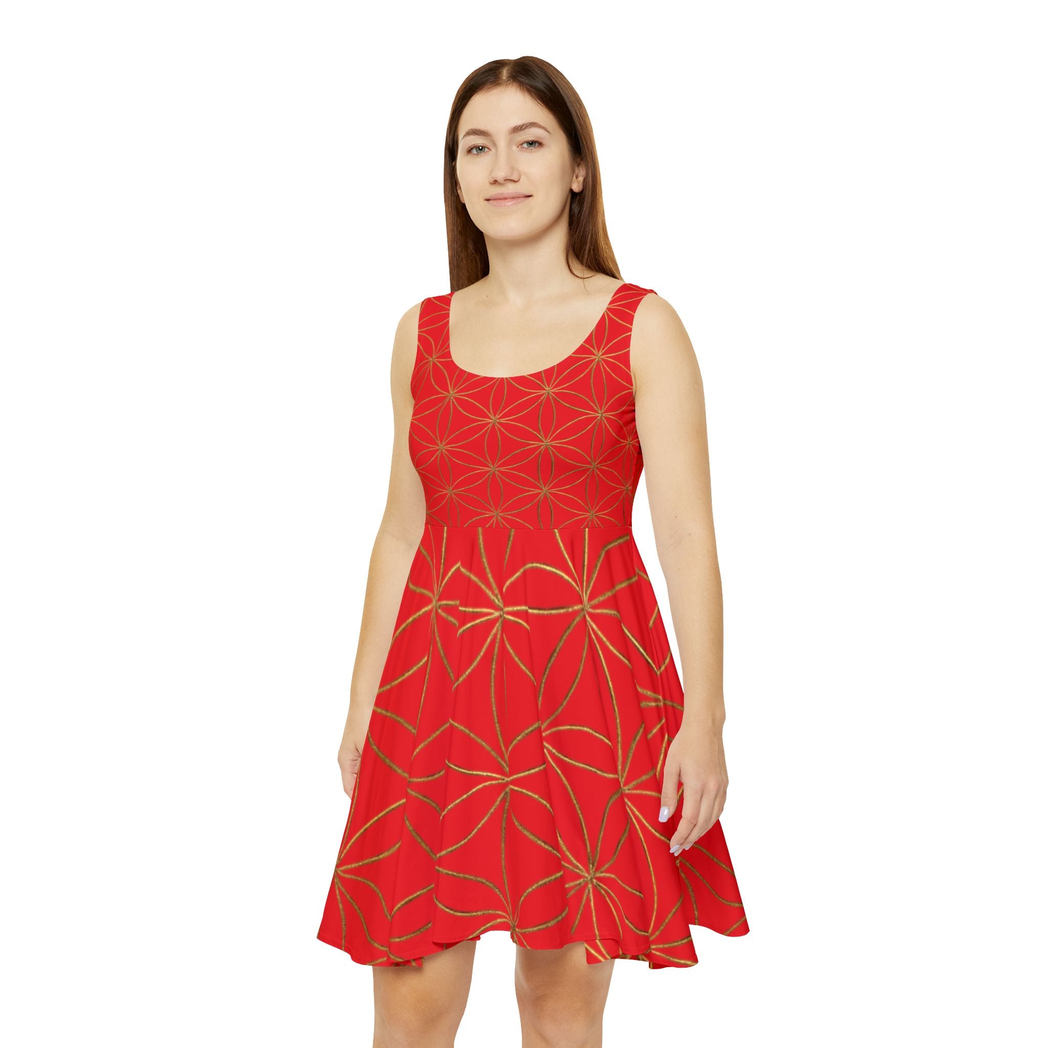 Red Flower of Life Skater Dress - Women's Floral Gold Print Summer Dress