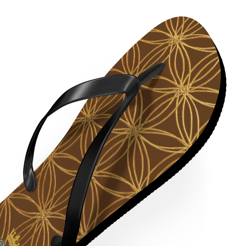 Bozz Queen Brown & Gold Flower of Life Flip Flops - Elegant Beach Sandals