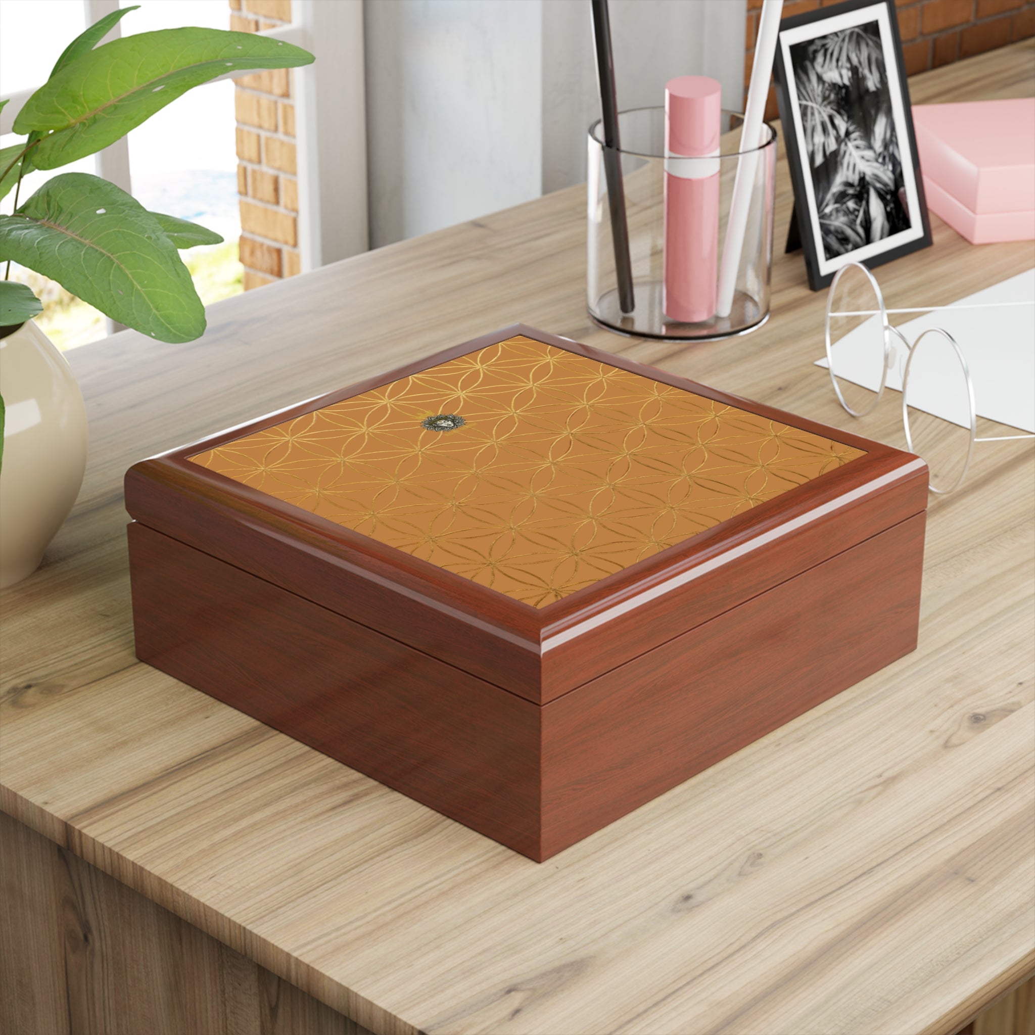 Flower of Life Jewelry Box - Light Brown & Gold Elegant Keepsake Organizer