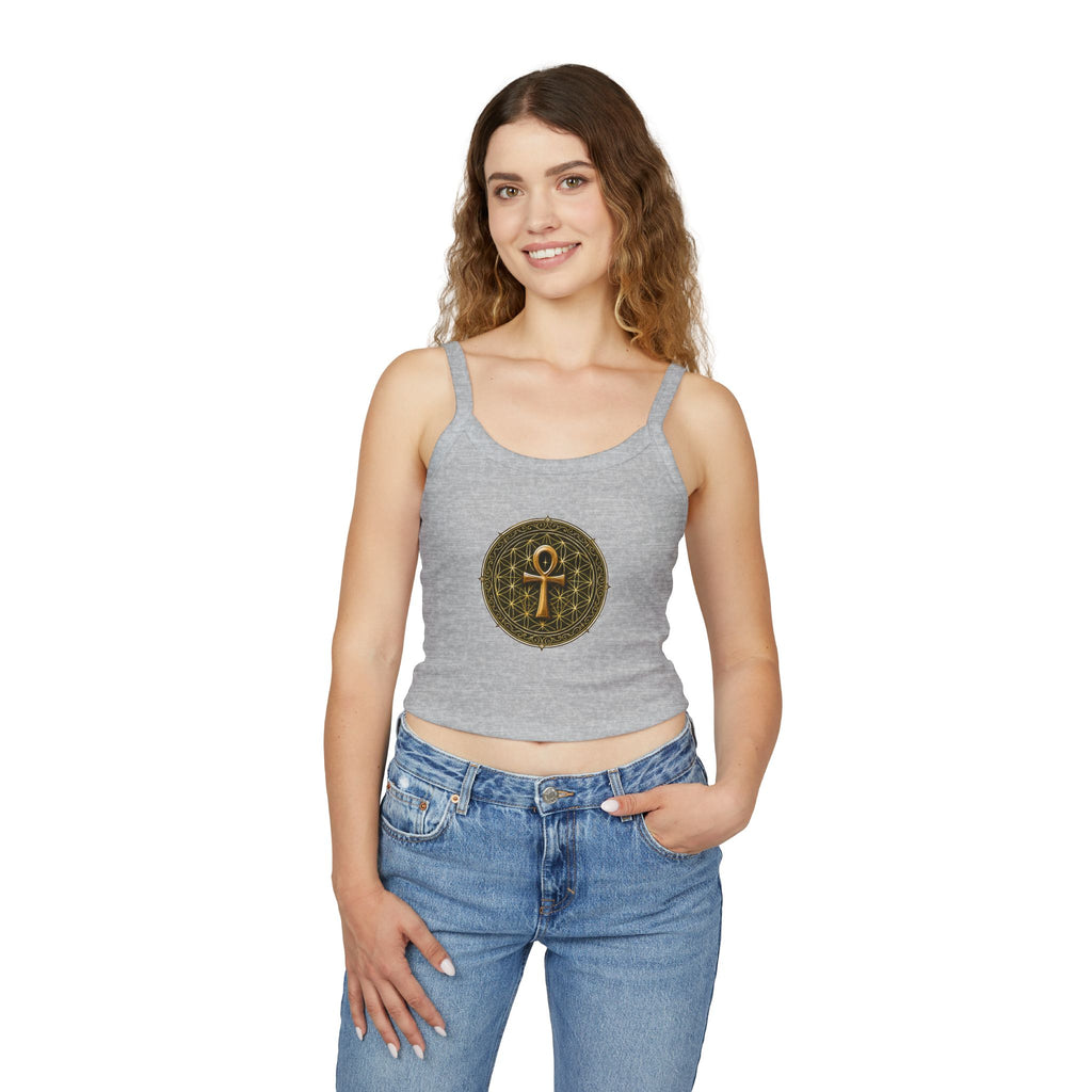 Women's Ankh & Flower of Life Tank Top - Sacred Geometry Spaghetti Strap