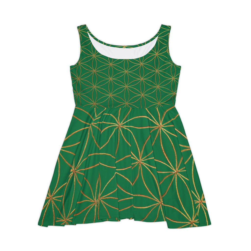 Dark Green Flower of Life Skater Dress - Women's Floral Gold Print Summer Dress