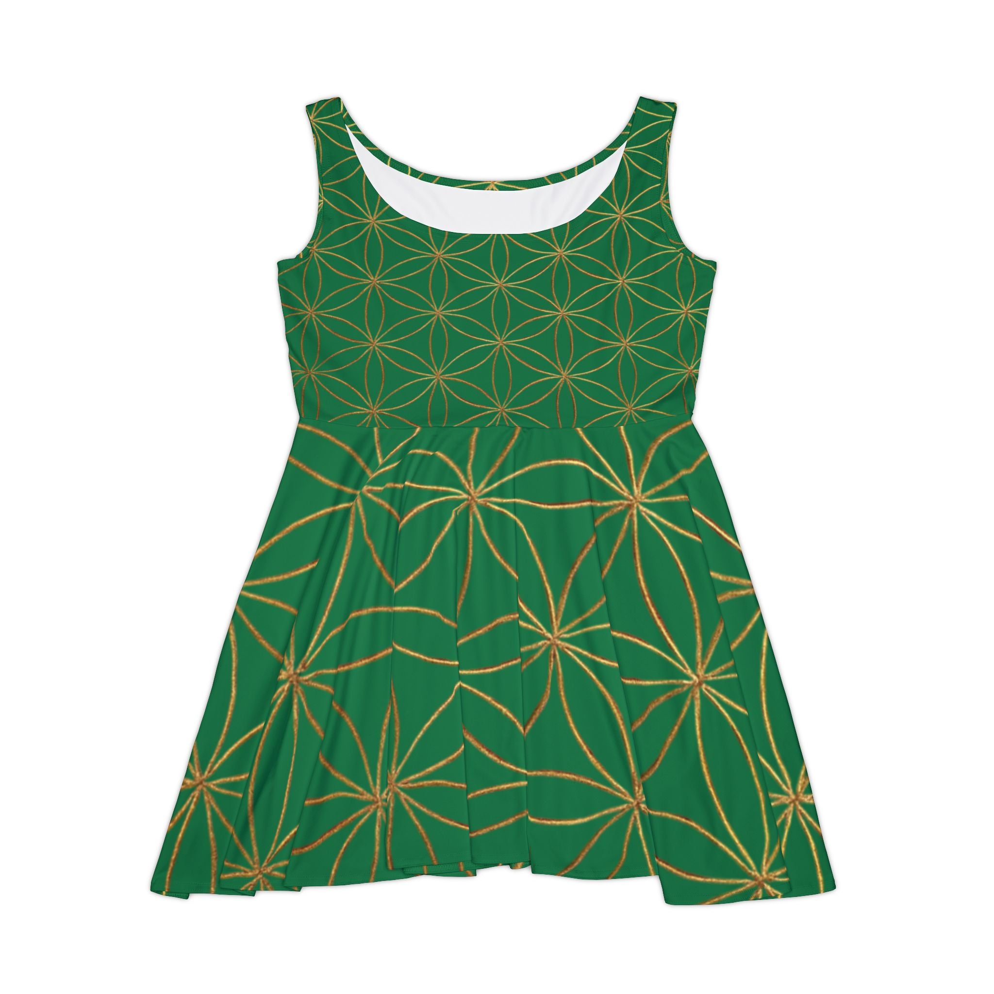 Dark Green Flower of Life Skater Dress - Women's Floral Gold Print Summer Dress