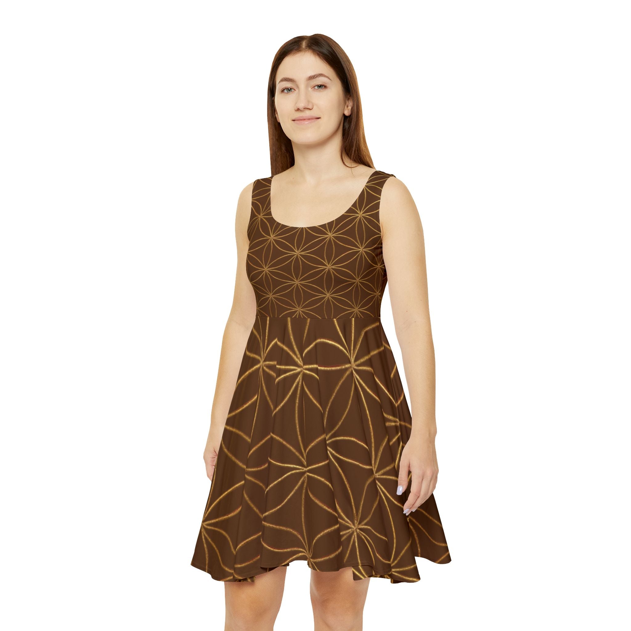 Brown Flower of Life Skater Dress - Women's Floral Gold Print Summer Dress