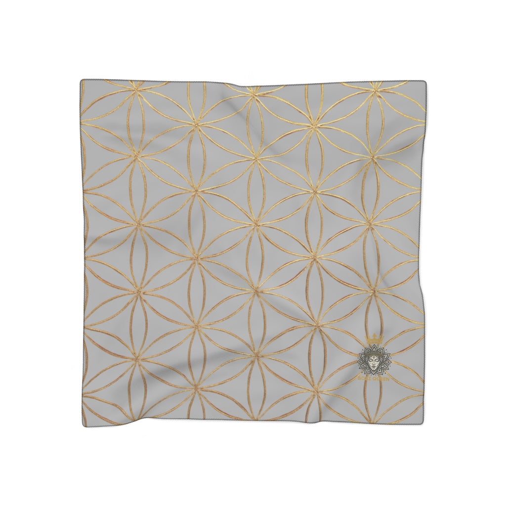 Bozz Queen Flower of Life Scarf - Light Grey & Gold Elegant Lightweight Poly Scarf