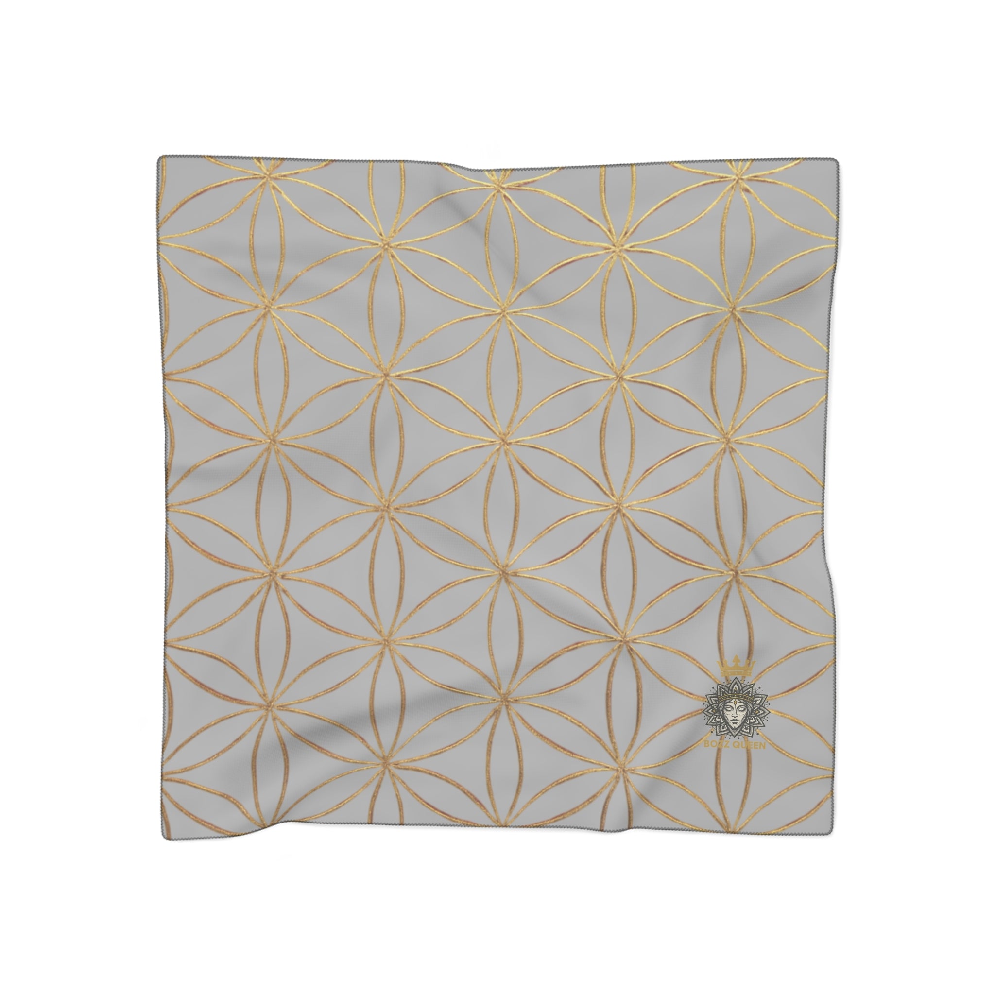 Bozz Queen Flower of Life Scarf - Light Grey & Gold Elegant Lightweight Poly Scarf