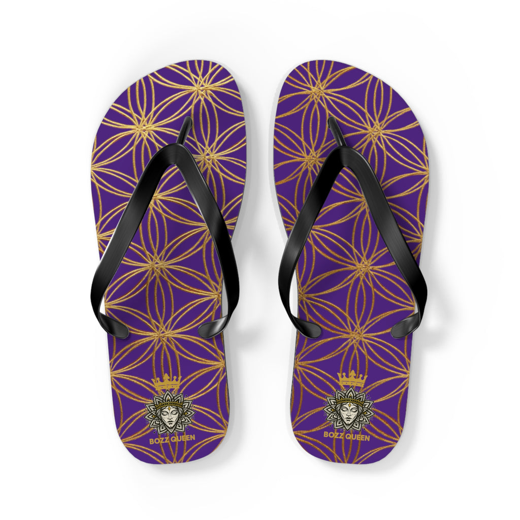 Bozz Queen Purple & Gold Flower of Life Flip Flops - Elegant Beach Sandals
