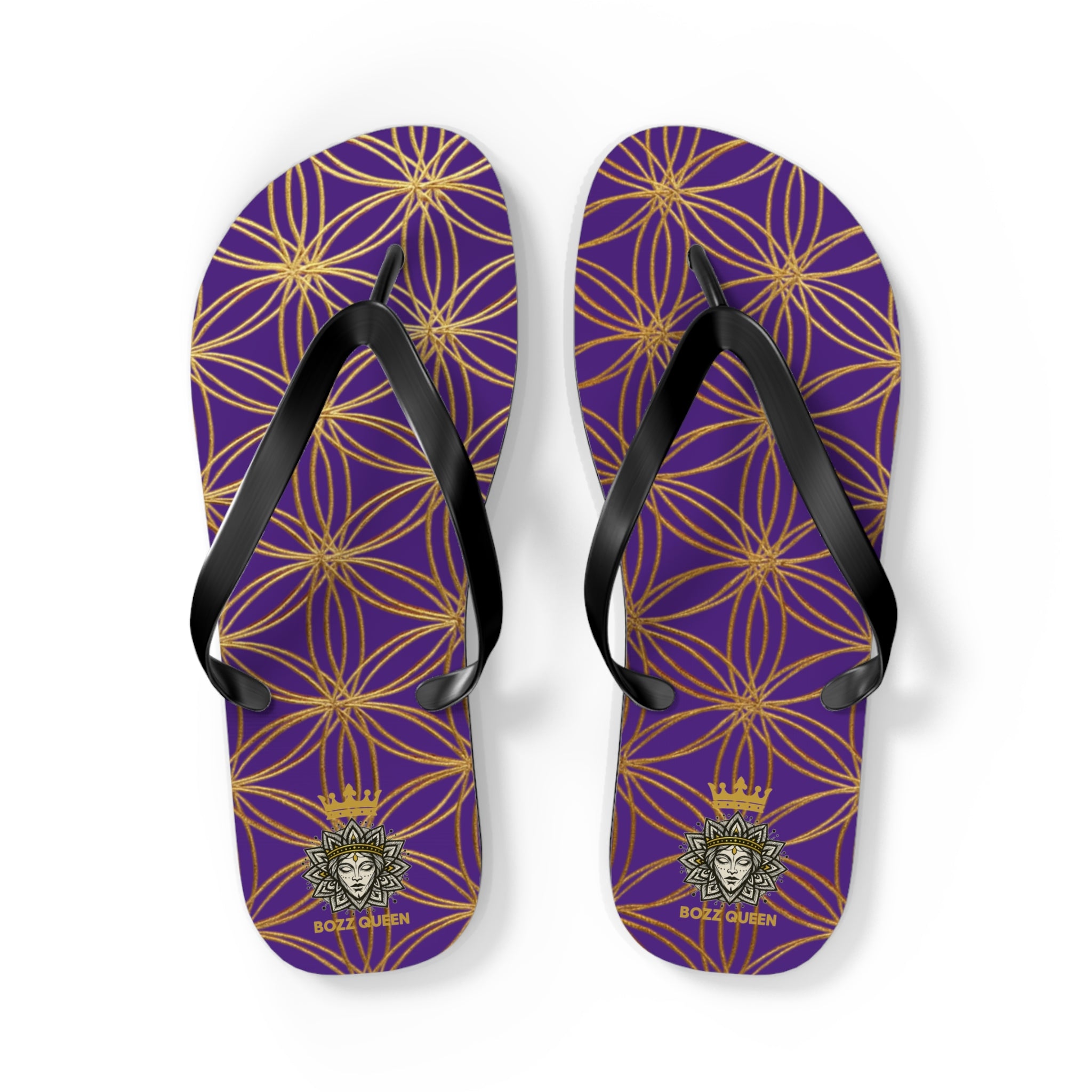 Bozz Queen Purple & Gold Flower of Life Flip Flops - Elegant Beach Sandals