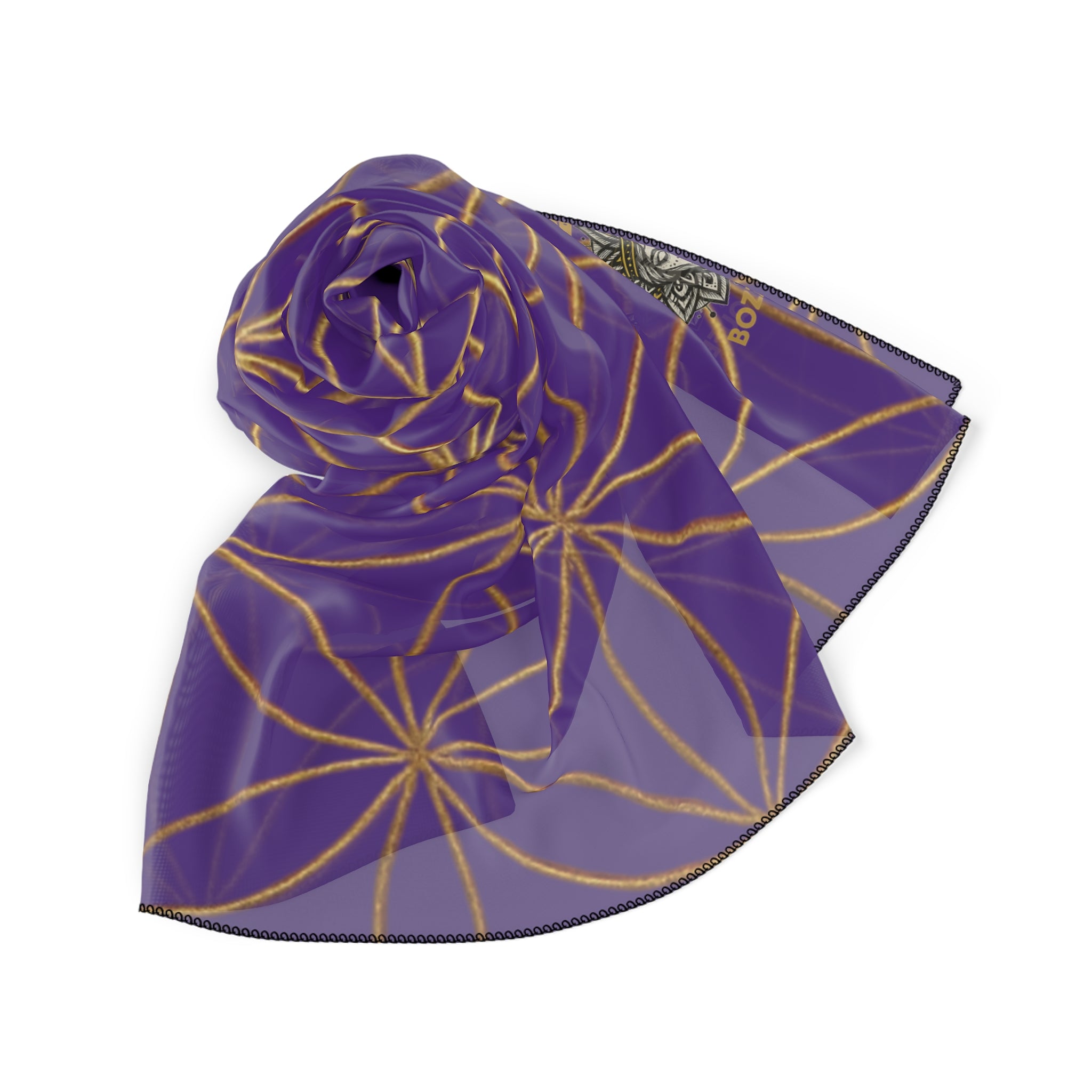 Bozz Queen Flower of Life Scarf - Purple & Gold Elegant Lightweight Poly Scarf