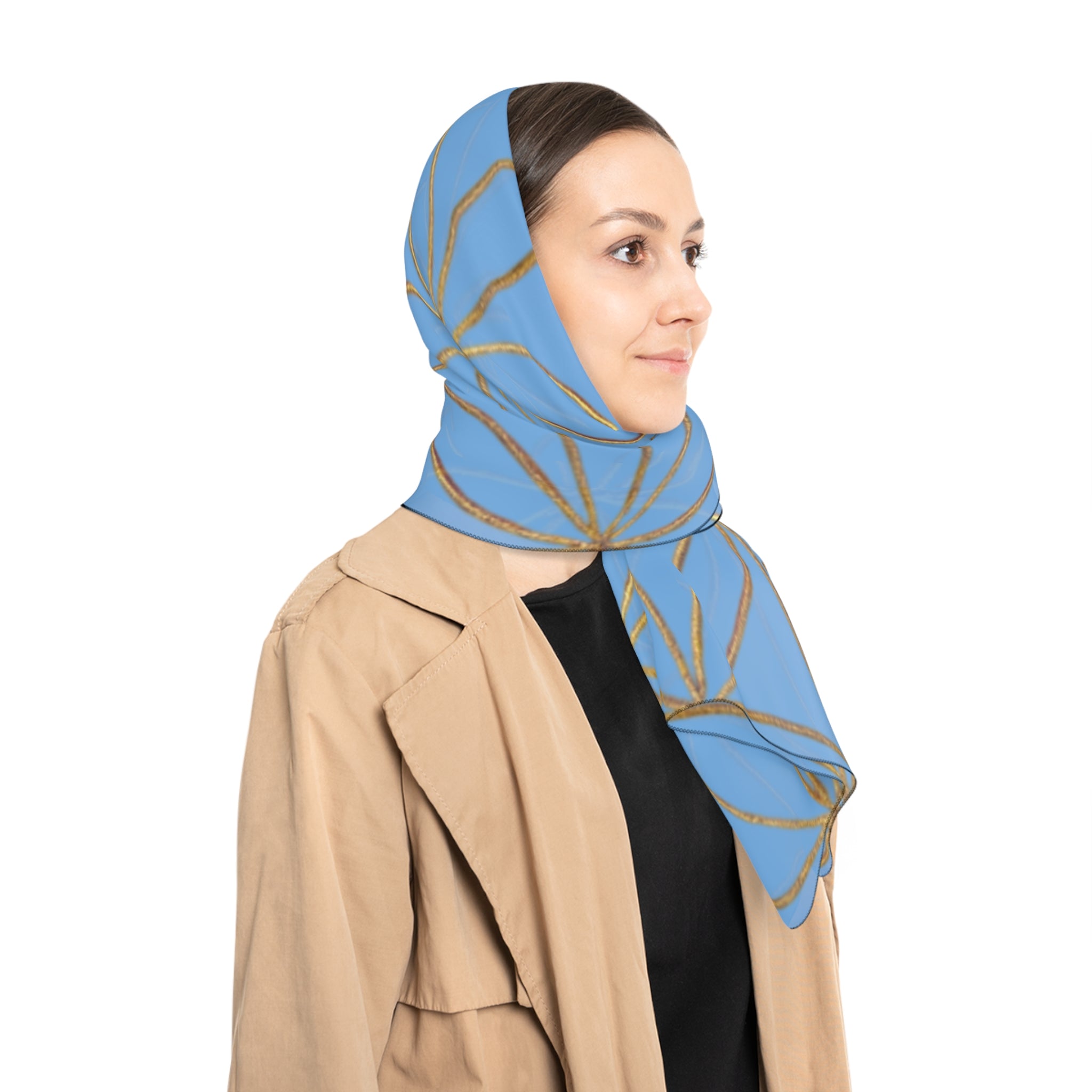 Bozz Queen Flower of Life Scarf - Light Blue & Gold Elegant Lightweight Poly Scarf