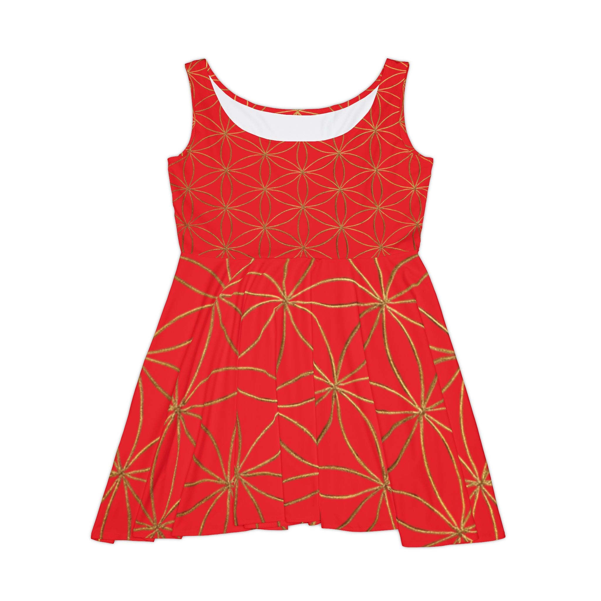 Red Flower of Life Skater Dress - Women's Floral Gold Print Summer Dress