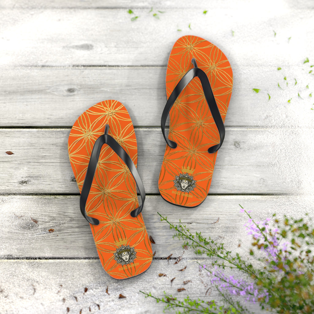 Bozz Queen Orange & Gold Flower of Life Flip Flops - Elegant Beach Sandals