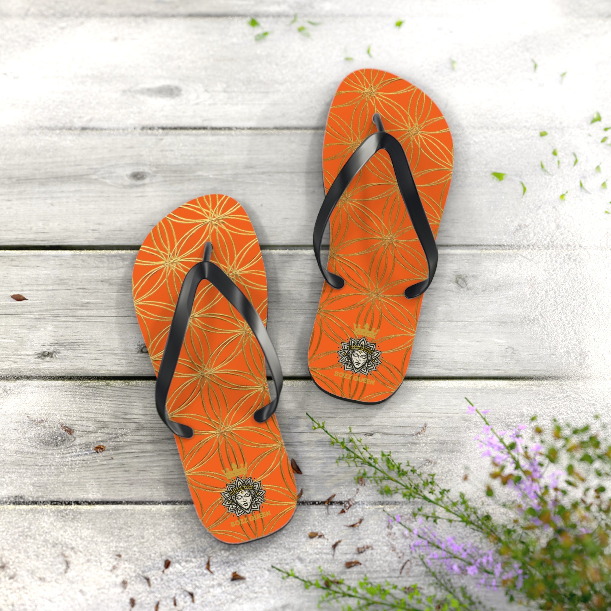 Bozz Queen Orange & Gold Flower of Life Flip Flops - Elegant Beach Sandals