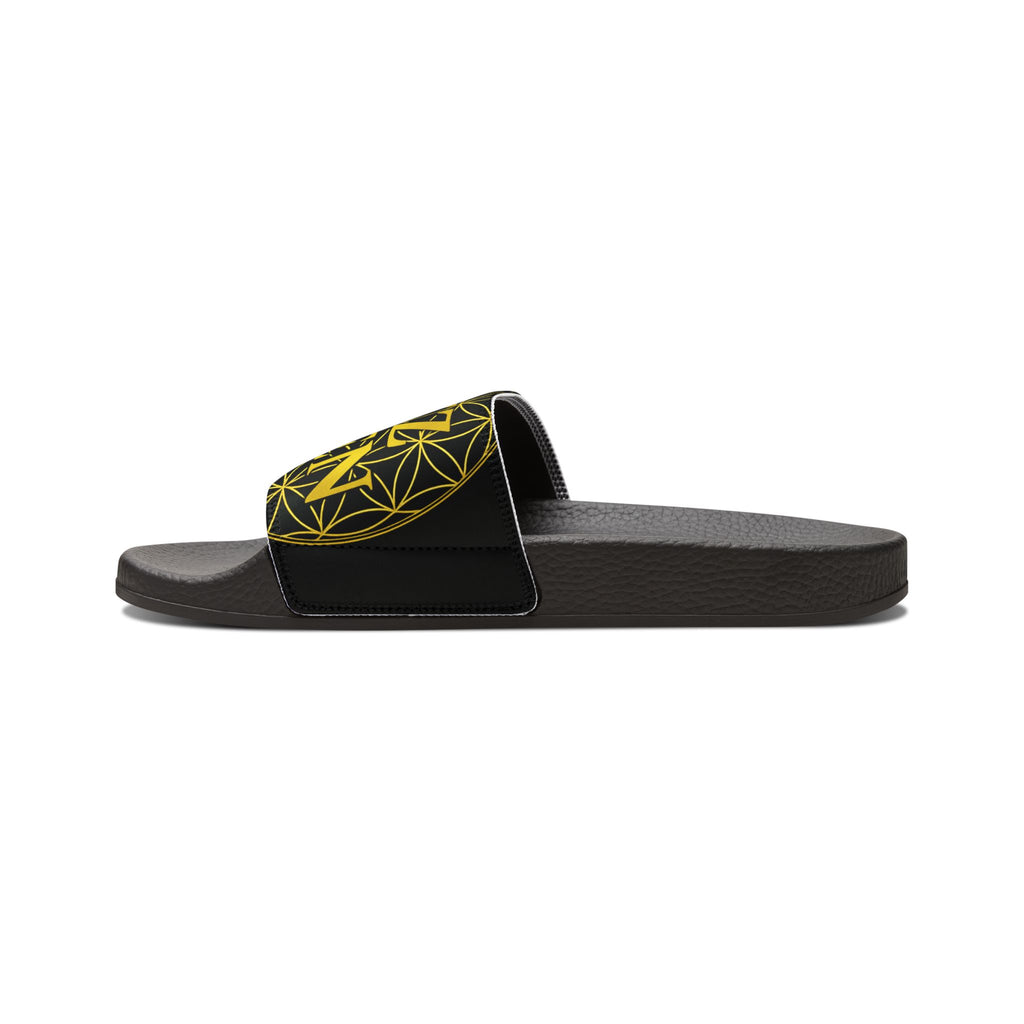 Bozz Queen Black & Gold Flower of Life Women's Sandals - Removable Strap Beach Slides