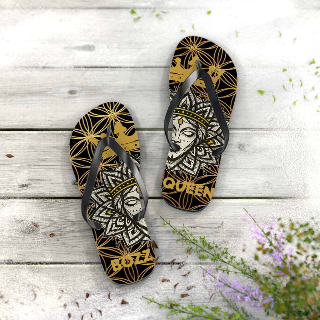 Flower of Life Flip Flops - Black & Gold Beach Sandals | Bozz Queen Lineage Collection