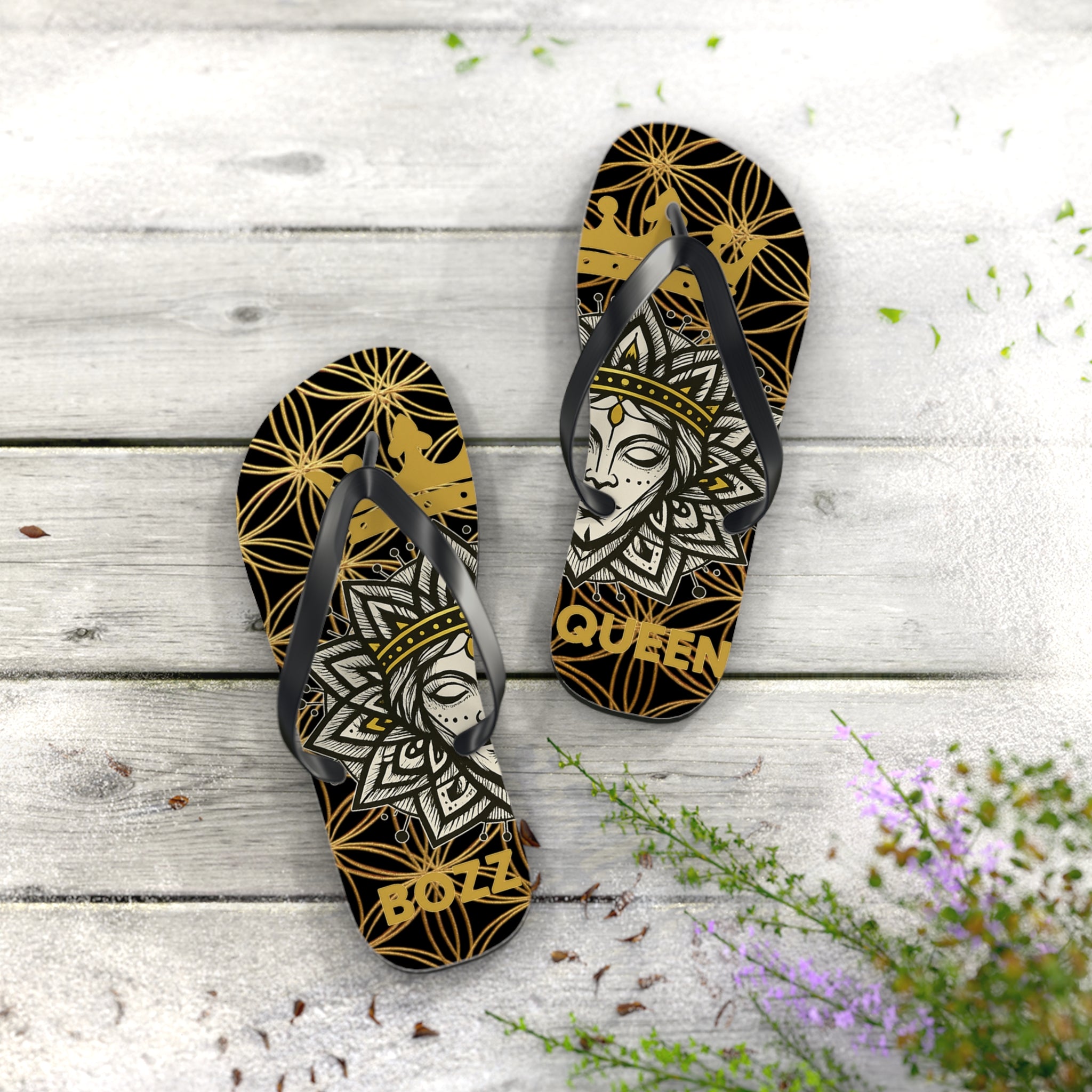 Flower of Life Flip Flops - Black & Gold Beach Sandals | Bozz Queen Lineage Collection