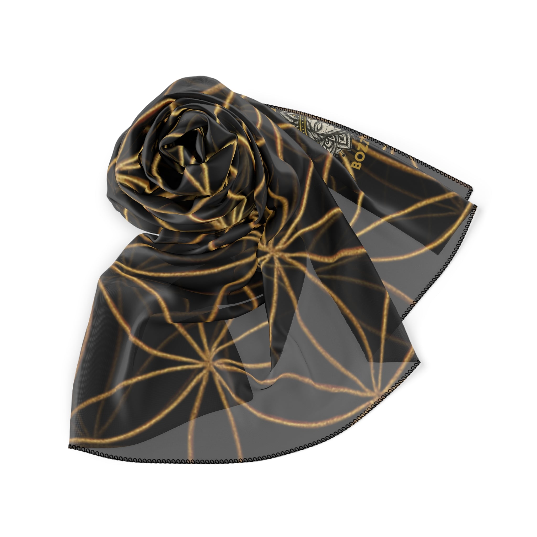 Bozz Queen Flower of Life Scarf - Black & Gold Elegant Lightweight Poly Scarf