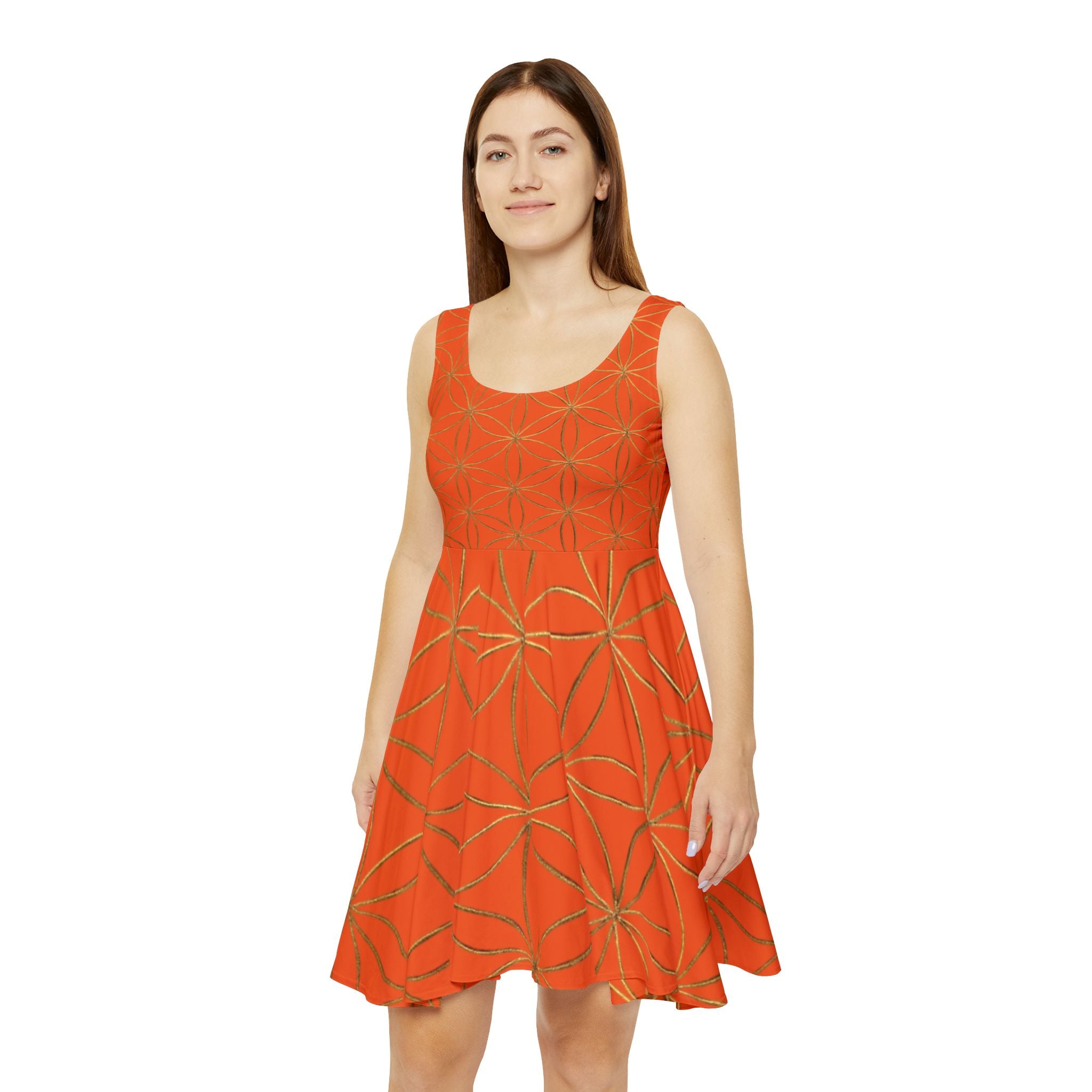Orange Flower of Life Skater Dress - Women's Floral Gold Print Summer Dress