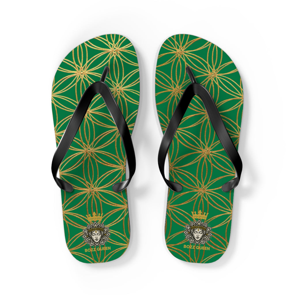 Bozz Queen Dark Green & Gold Flower of Life Flip Flops - Elegant Beach Sandals