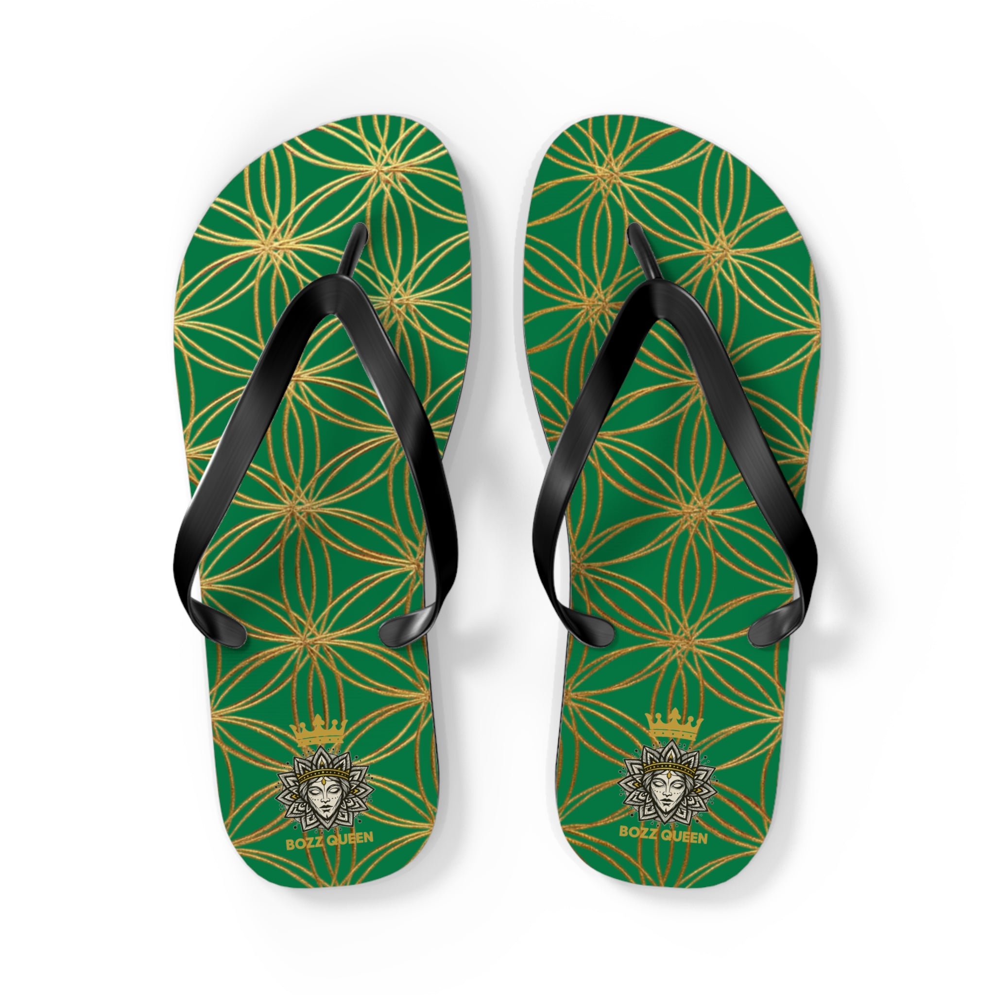 Bozz Queen Dark Green & Gold Flower of Life Flip Flops - Elegant Beach Sandals