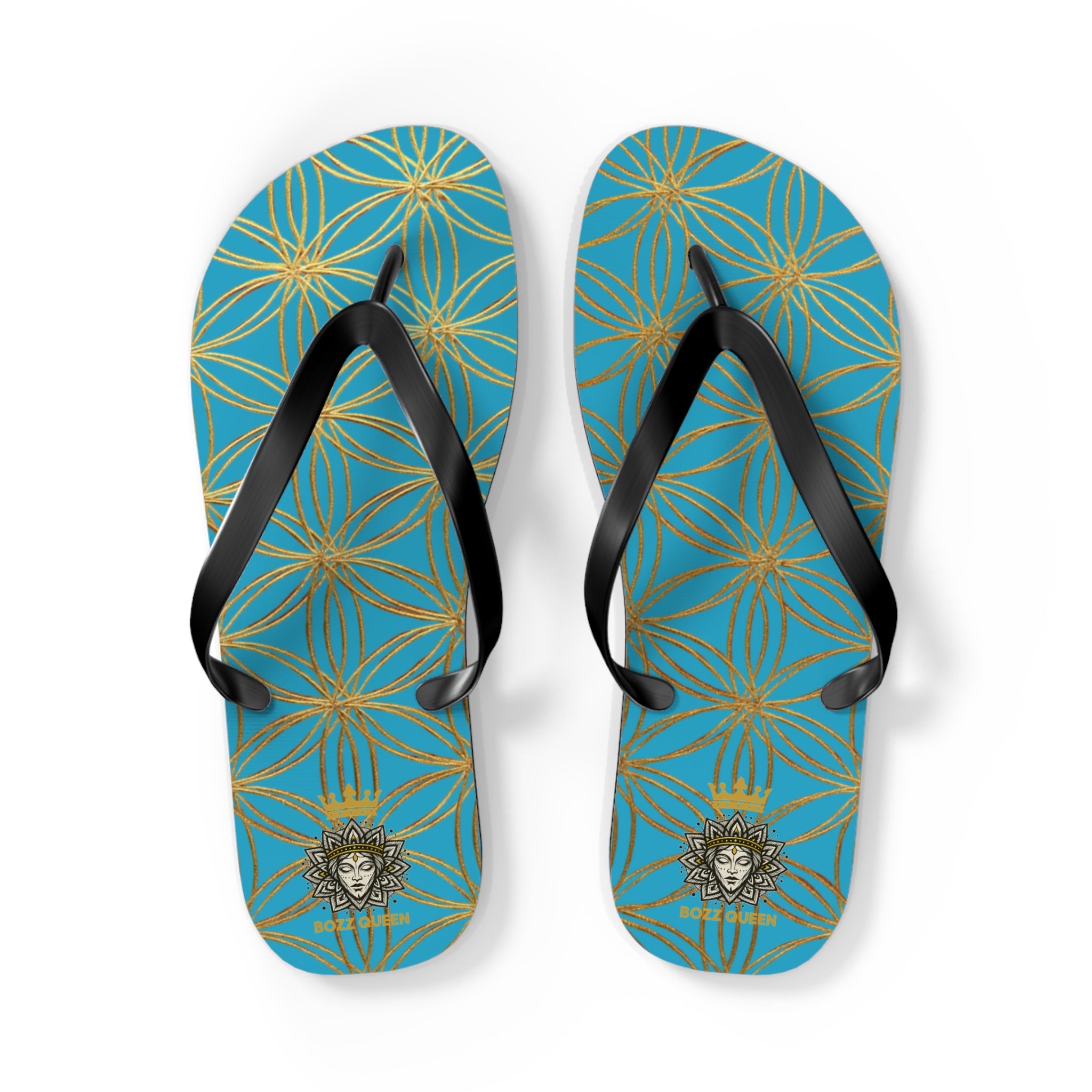 Bozz Queen Turquoise & Gold Flower of Life Flip Flops - Elegant Beach Sandals
