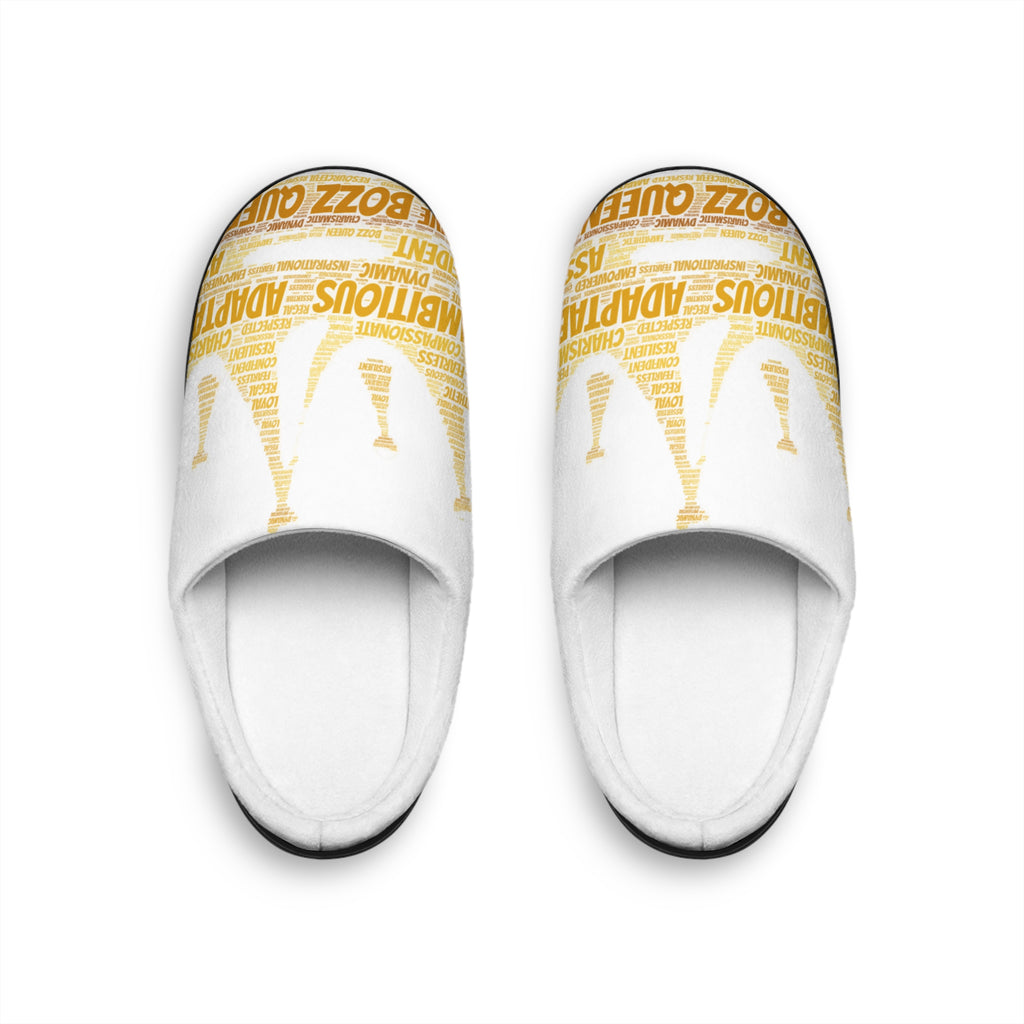 Bozz Queen White & Gold Women's Indoor Slippers - Soft Flannel House Shoes