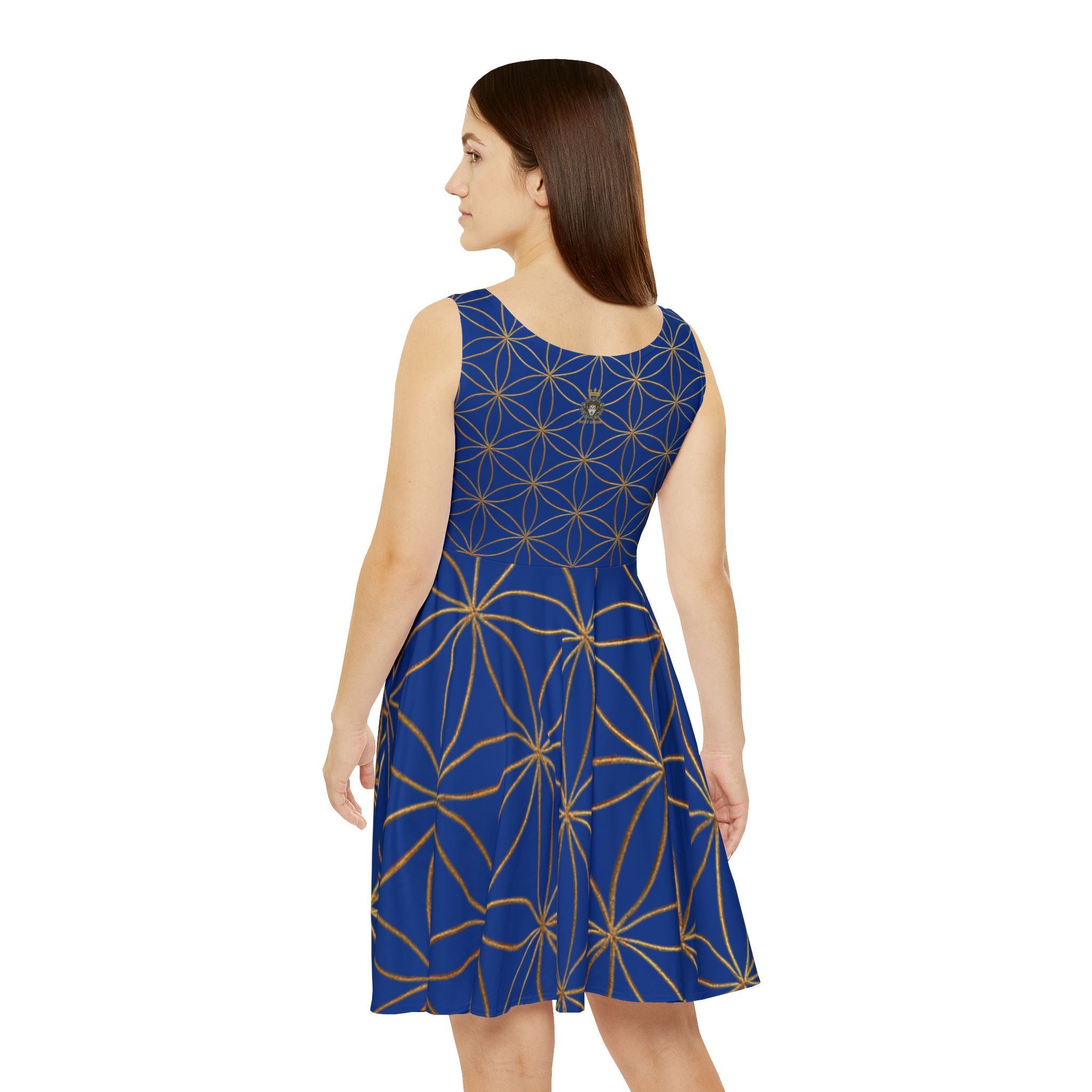 Dark Blue Flower of Life Skater Dress - Women's Floral Gold Print Summer Dress