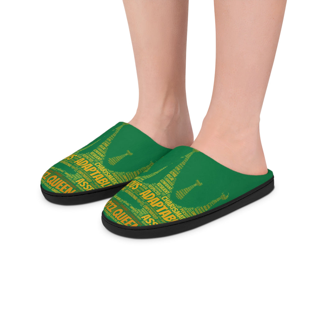 Bozz Queen Dark Green & Gold Women's Indoor Slippers - Soft Flannel House Shoes