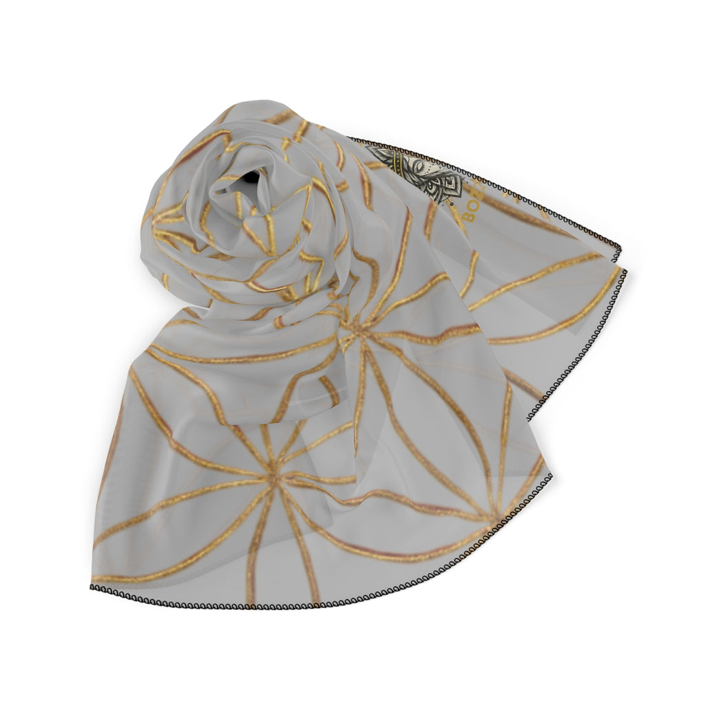 Bozz Queen Flower of Life Scarf - Light Grey & Gold Elegant Lightweight Poly Scarf