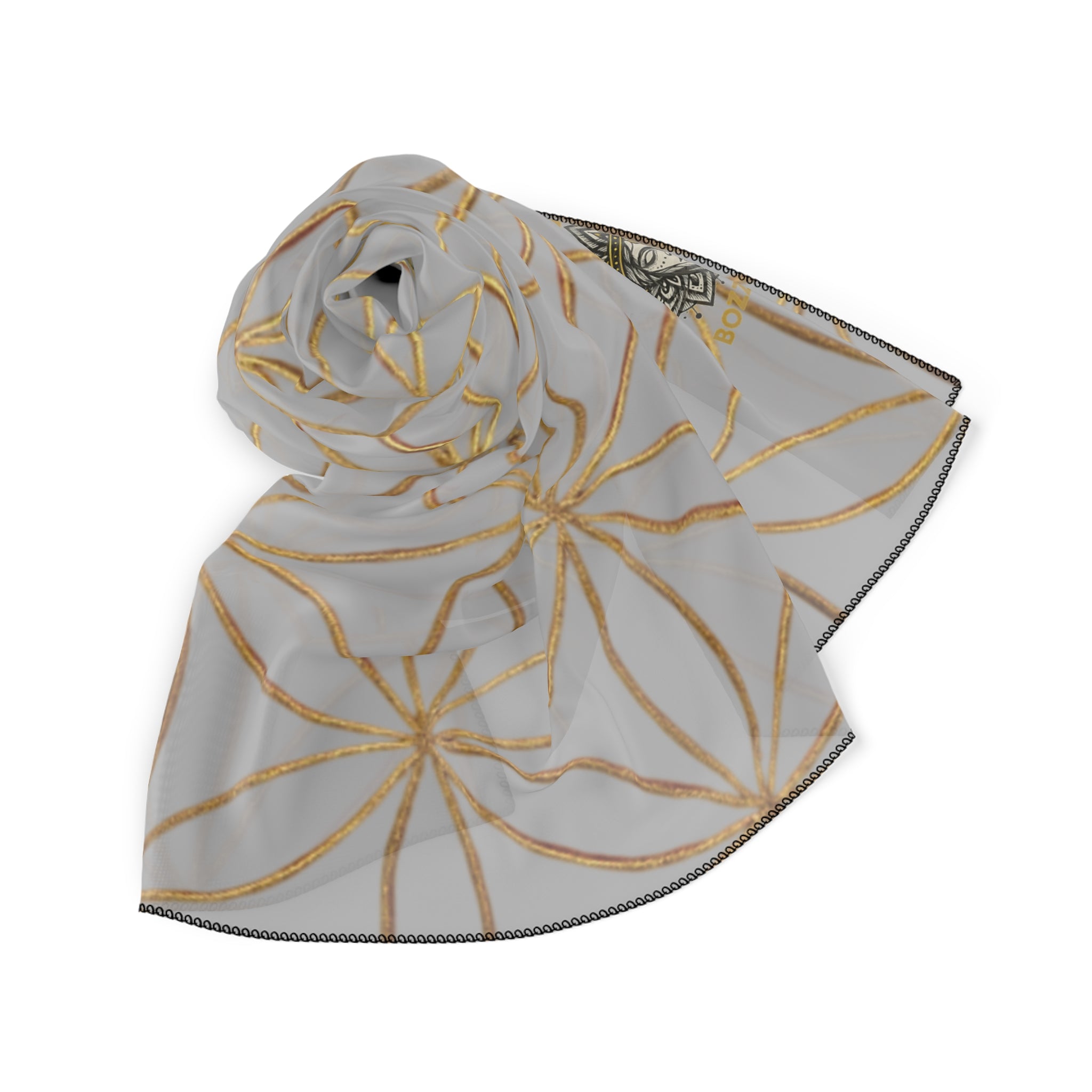 Bozz Queen Flower of Life Scarf - Light Grey & Gold Elegant Lightweight Poly Scarf