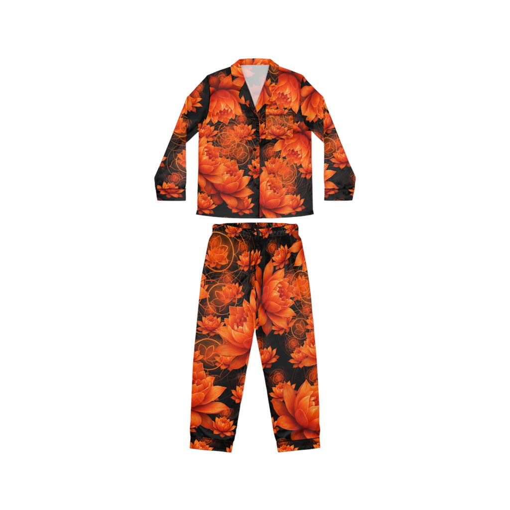 Orange Sacral Chakra Floral Satin Pajamas Set - Luxurious Women's Sleepwear