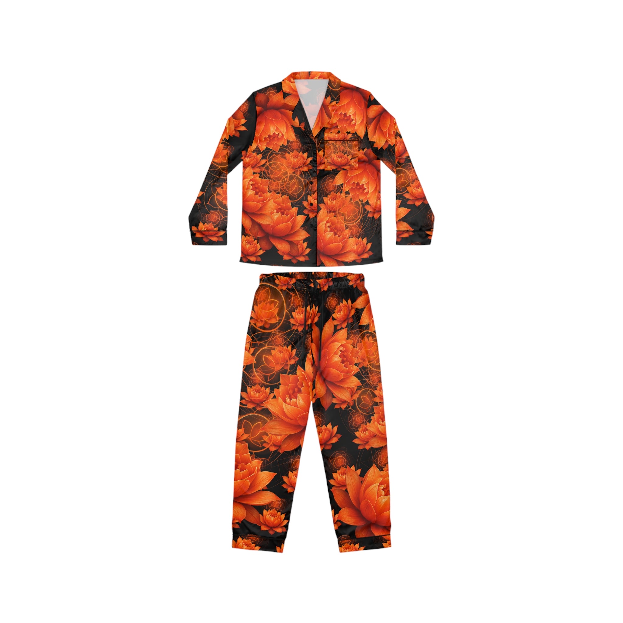Orange Sacral Chakra Floral Satin Pajamas Set - Luxurious Women's Sleepwear