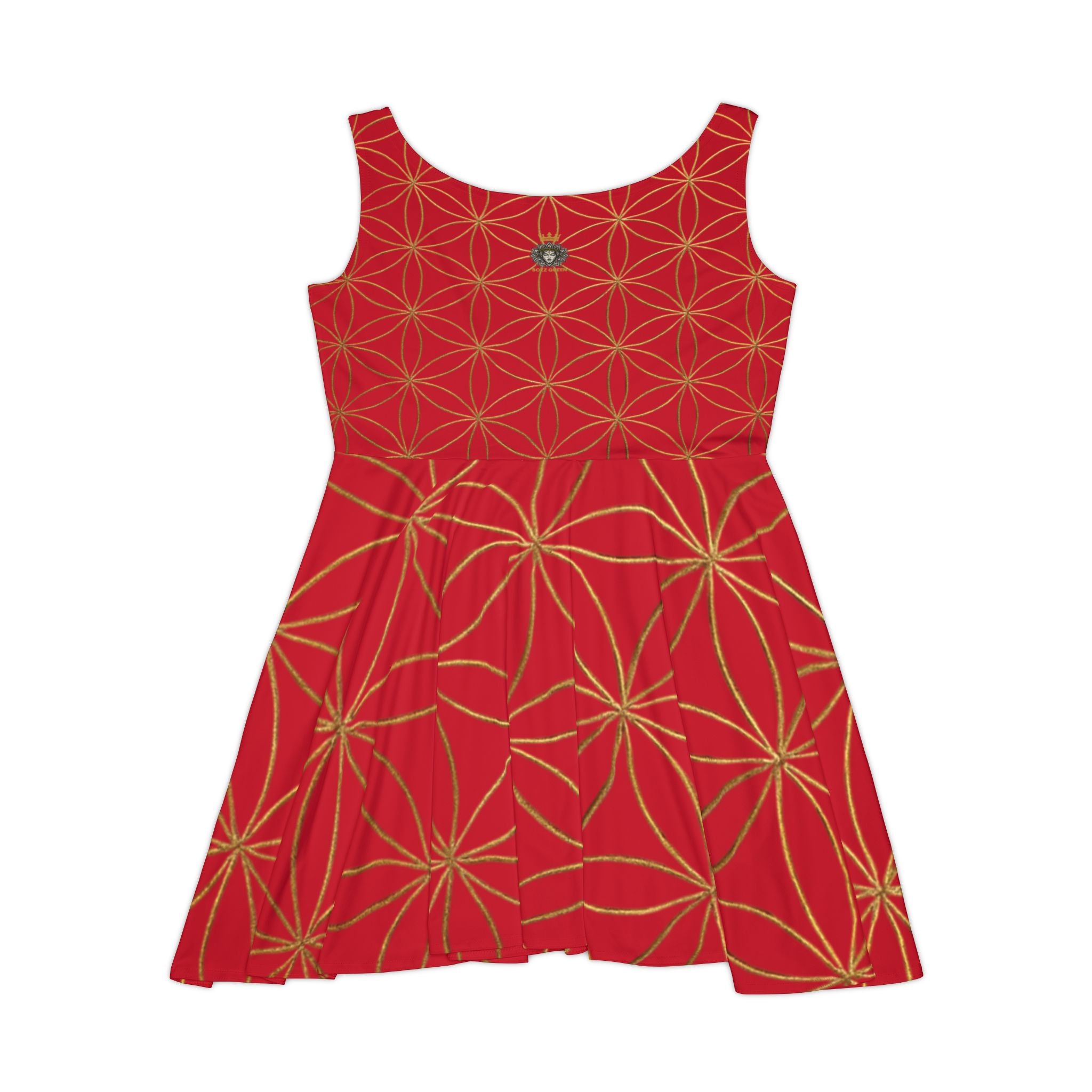 Dark Red Flower of Life Skater Dress - Women's Floral Gold Print Summer Dress