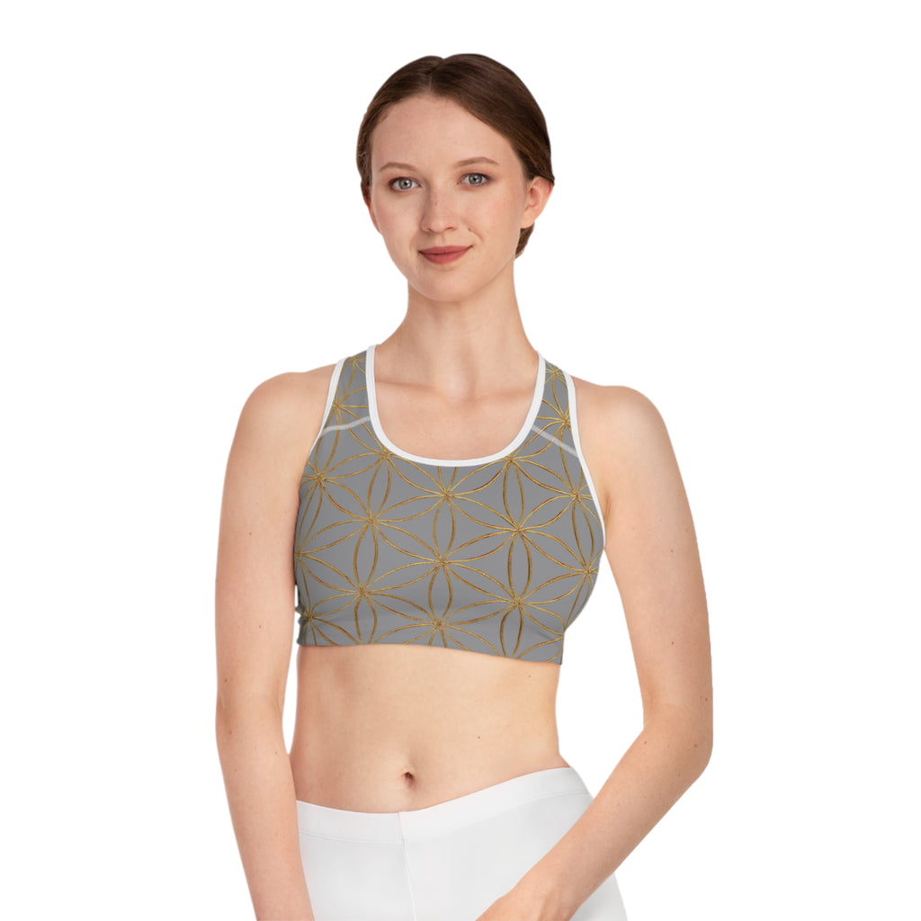 Bozz Queen Grey & Gold Flower of Life Sports Bra - Yoga Workout Top