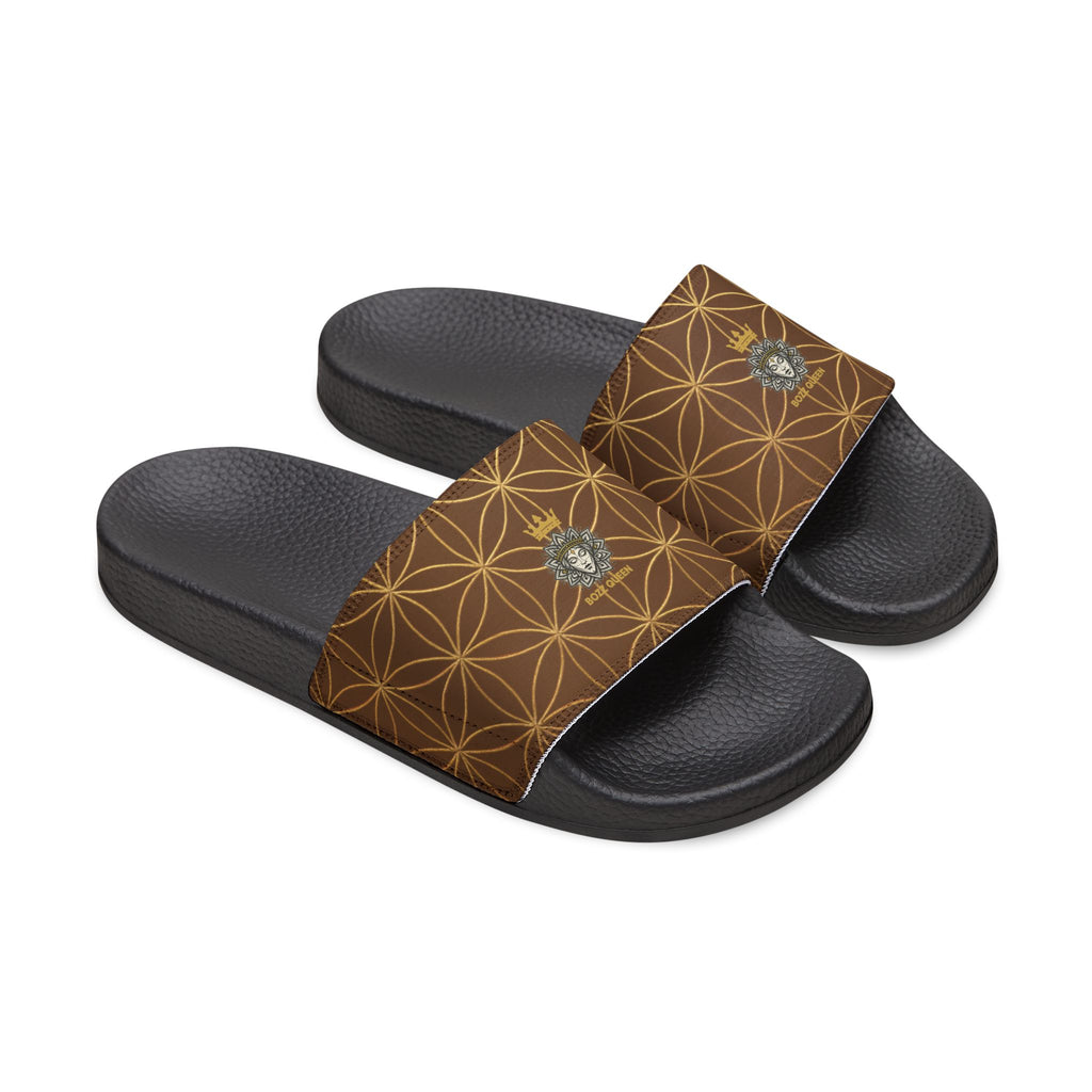 Bozz Queen Brown Flower of Life Women's Sandals - Removable Strap Beach Slides
