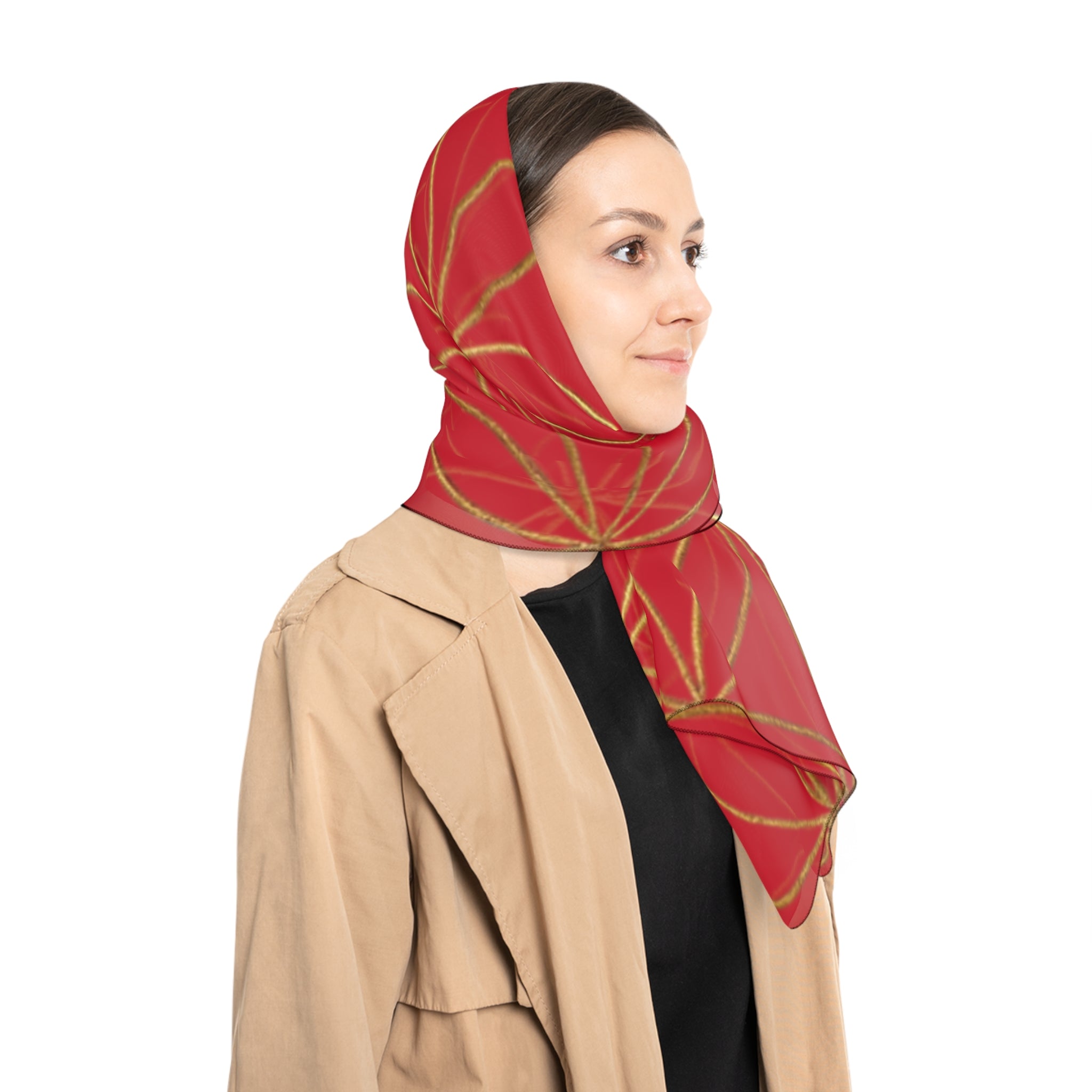 Bozz Queen Flower of Life Scarf - Dark Red & Gold Elegant Lightweight Poly Scarf