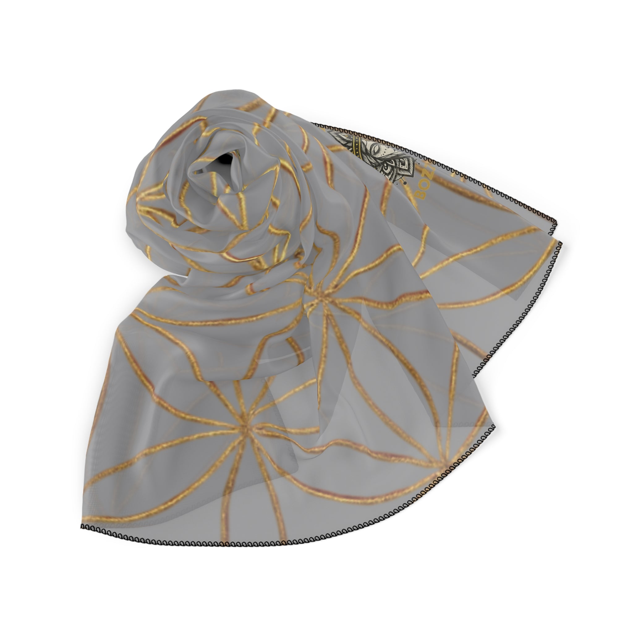 Bozz Queen Flower of Life Scarf - Grey & Gold Elegant Lightweight Poly Scarf