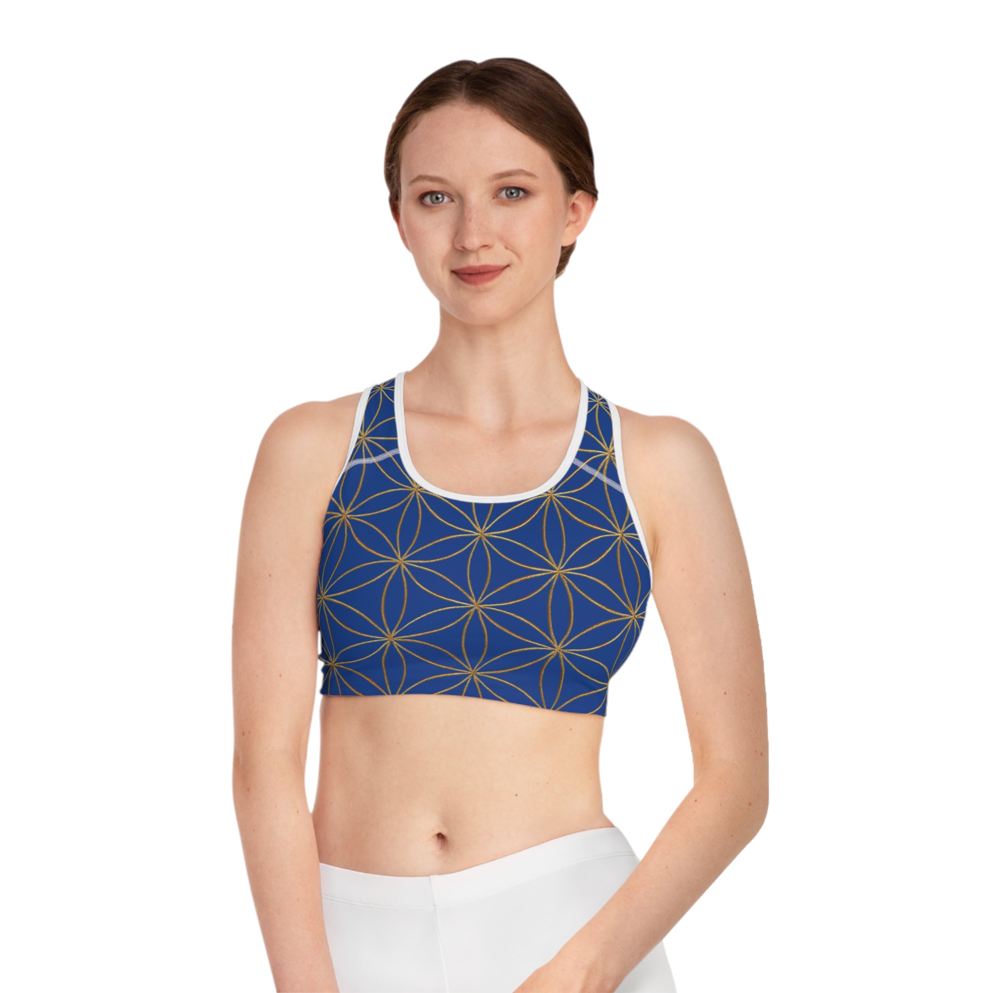 Bozz Queen Dark Blue & Gold Flower of Life Sports Bra - Yoga Workout Top